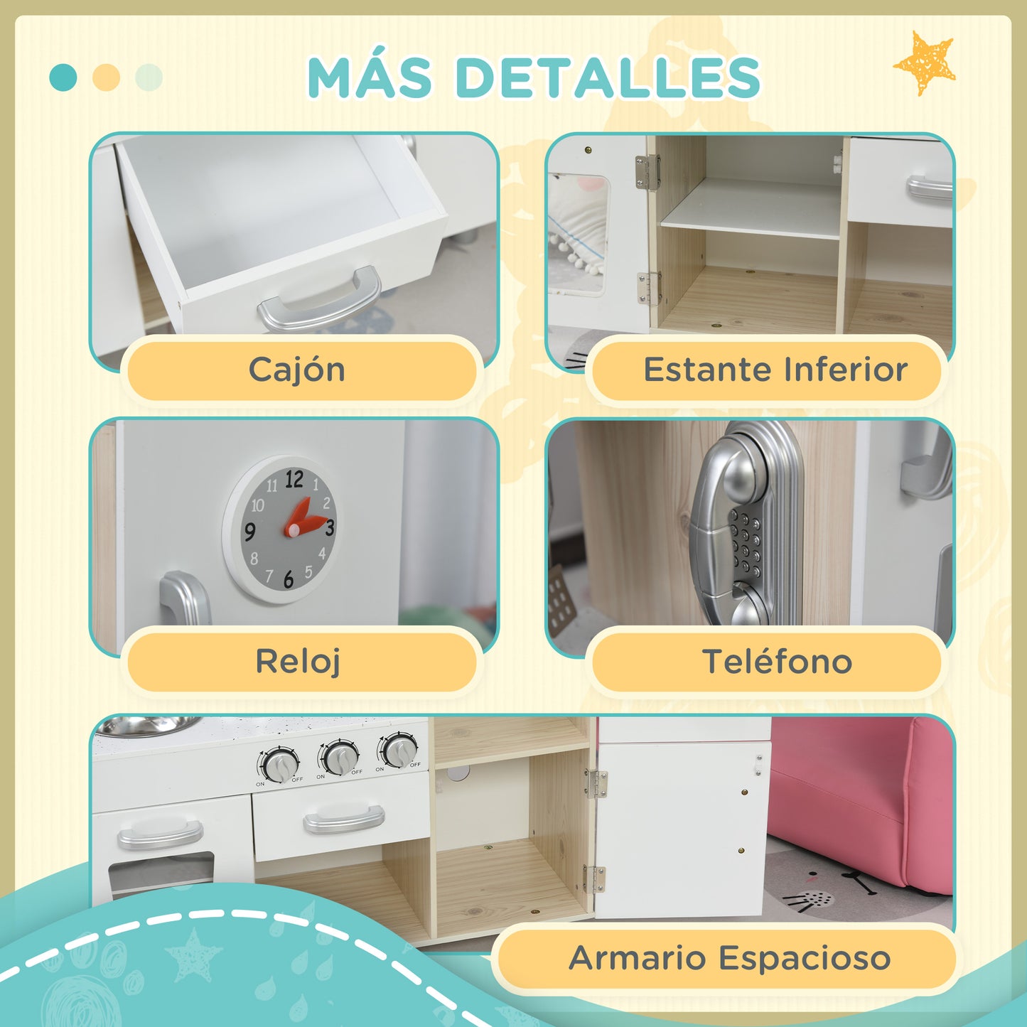 HOMCOM Cocina de Juguete de Madera con Fregadero Cocina de Inducción y Microondas Simulados con Accesorios Incluidos Cocina Infantil para +3 Años 74x30x81 cm Blanco