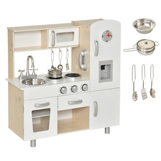 HOMCOM Cocina de Juguete de Madera con Fregadero Cocina de Inducción y Microondas Simulados con Accesorios Incluidos Cocina Infantil para +3 Años 74x30x81 cm Blanco