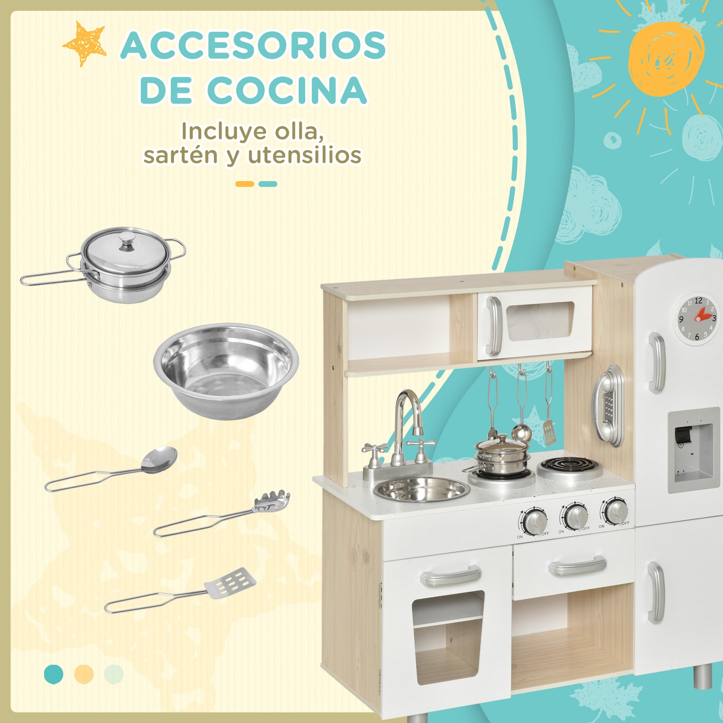 HOMCOM Cocina de Juguete de Madera con Fregadero Cocina de Inducción y Microondas Simulados con Accesorios Incluidos Cocina Infantil para +3 Años 74x30x81 cm Blanco