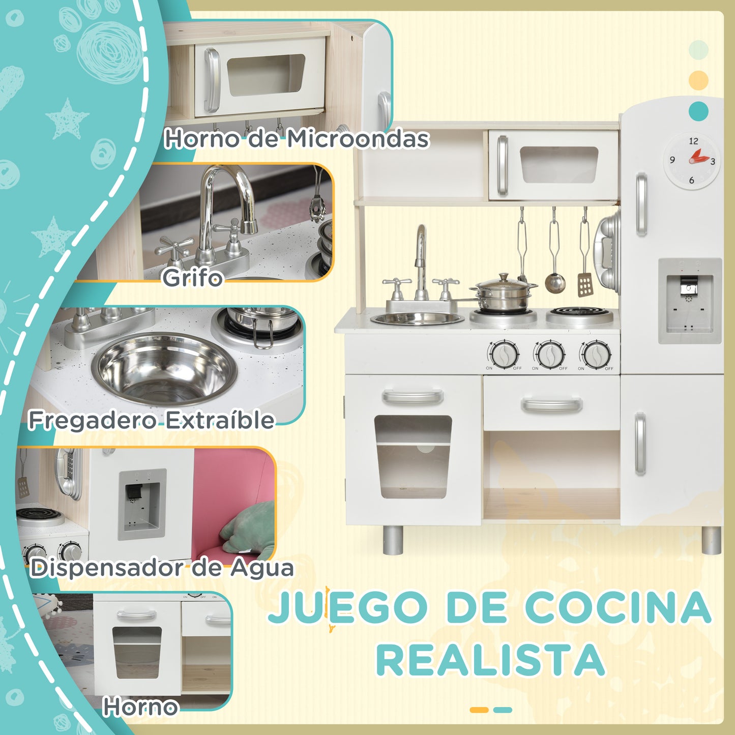 HOMCOM Cocina de Juguete de Madera con Fregadero Cocina de Inducción y Microondas Simulados con Accesorios Incluidos Cocina Infantil para +3 Años 74x30x81 cm Blanco