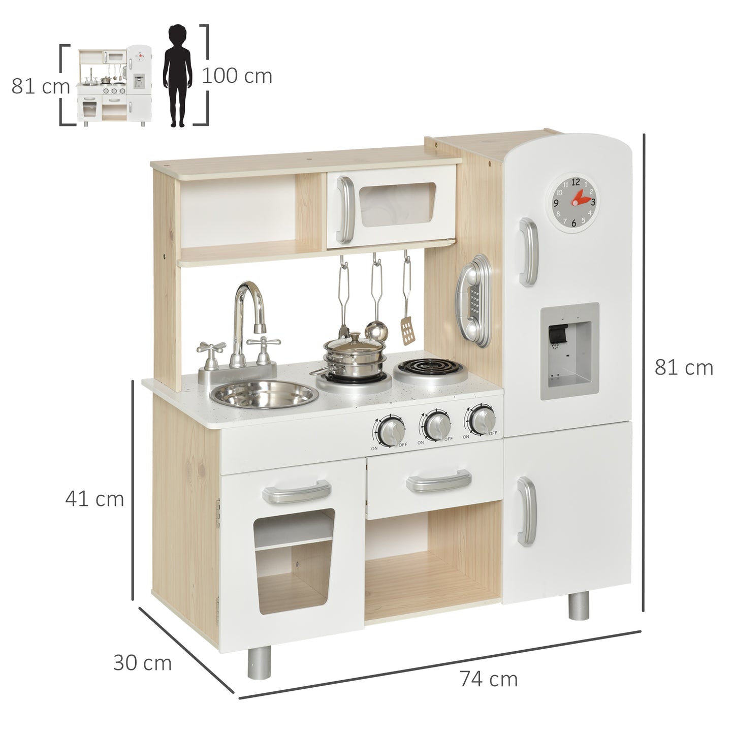 HOMCOM Cocina de Juguete de Madera con Fregadero Cocina de Inducción y Microondas Simulados con Accesorios Incluidos Cocina Infantil para +3 Años 74x30x81 cm Blanco