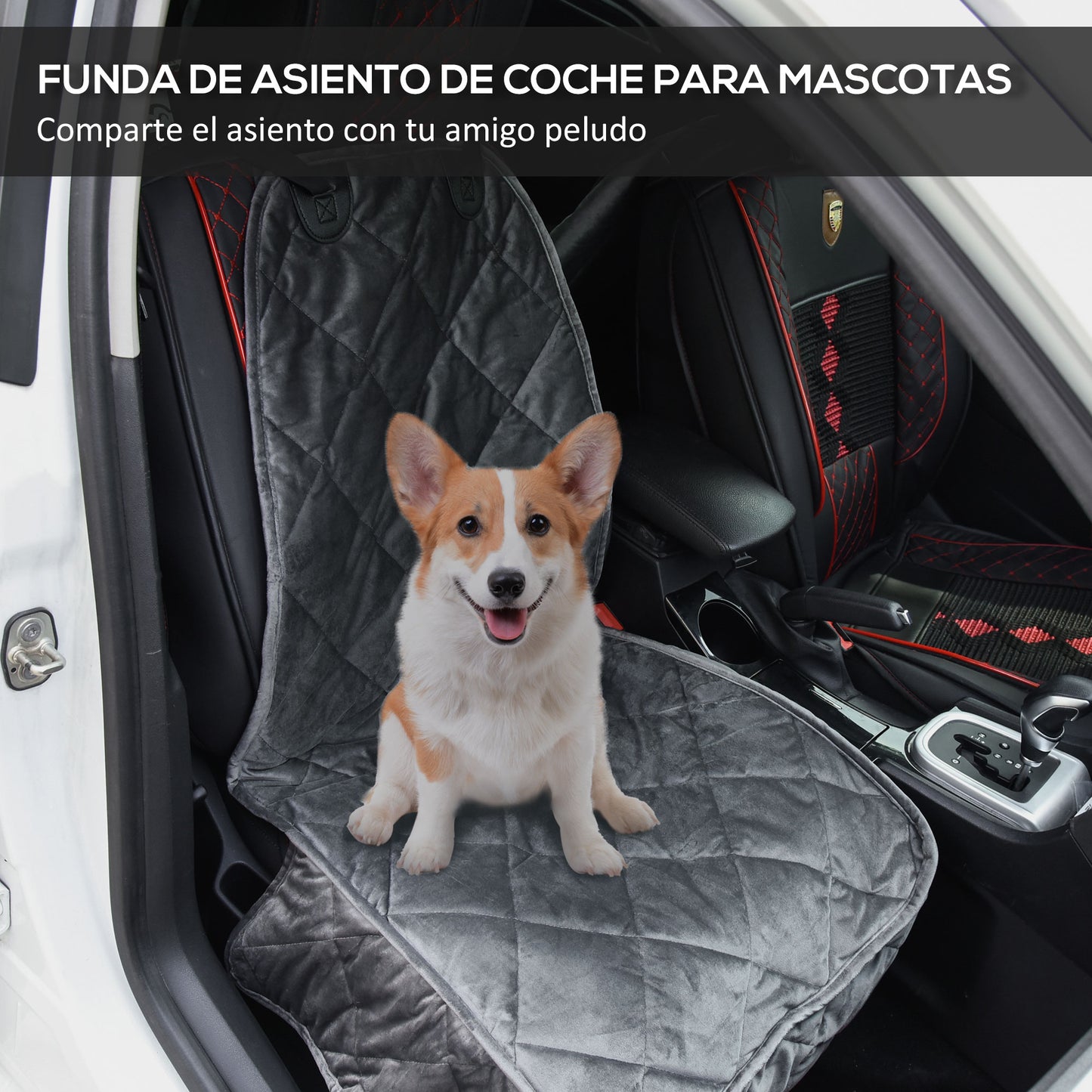 PawHut Funda de Asiento Delantero de Coche para Perro Mascota Protector Antideslizante con Ancla y Correa Envolvente para Camiones Furgonetas SUV 105x46 cm Gris