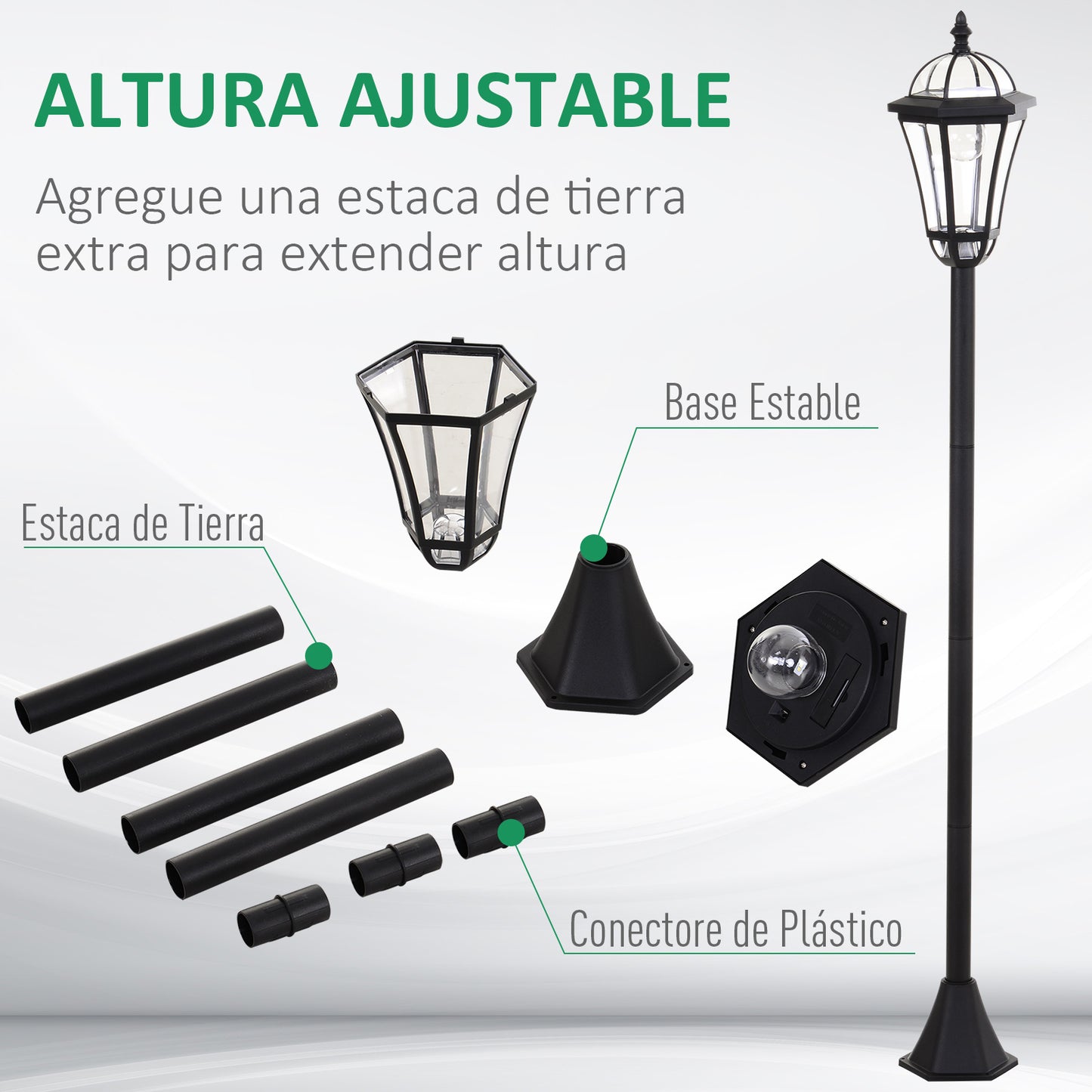 Outsunny 2 Farolas Solares de Jardín con 2 Luces LED Blanca 6000K Impermeable IP44 Sensor de Noche Set de 2 Farolas de Exterior para Camino Terraza Patio 18,5x18,5x129 cm Negro