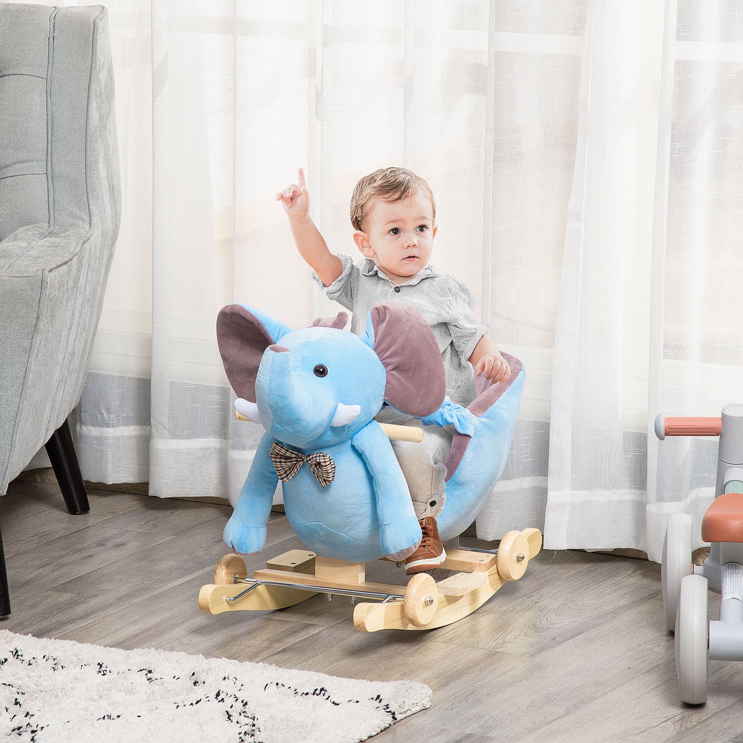 HOMCOM Caballito Balancín con Ruedas Forma de Elefante Caballo Balancín para Bebés de +18 Meses con Músicas Infantiles y Cinturón de Seguridad Carga 60 kg 60x35x45 cm Azul