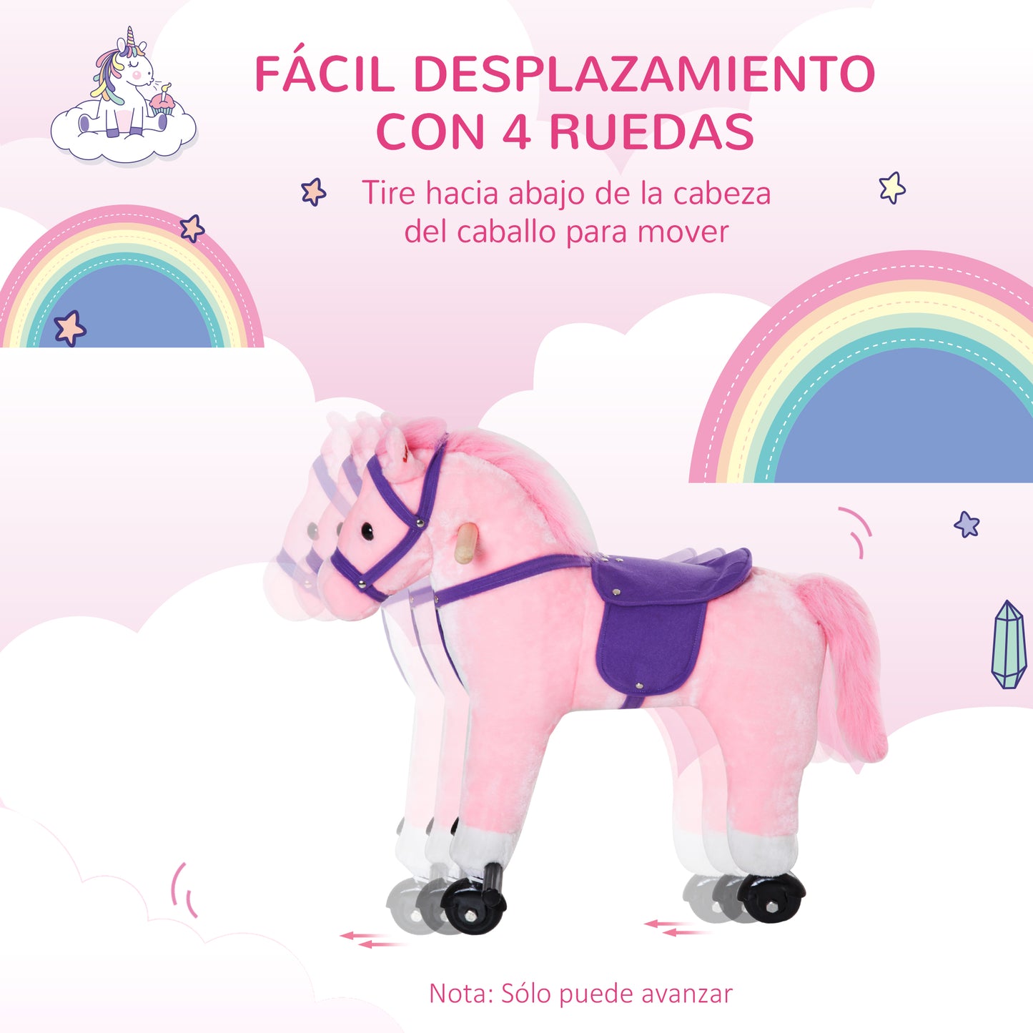 HOMCOM Caballito para Bebes de +36 Meses Caballo con Ruedas Sonidos de Relincho Palos y Pedales Carga 60 kg 55x23x60 cm Rosa