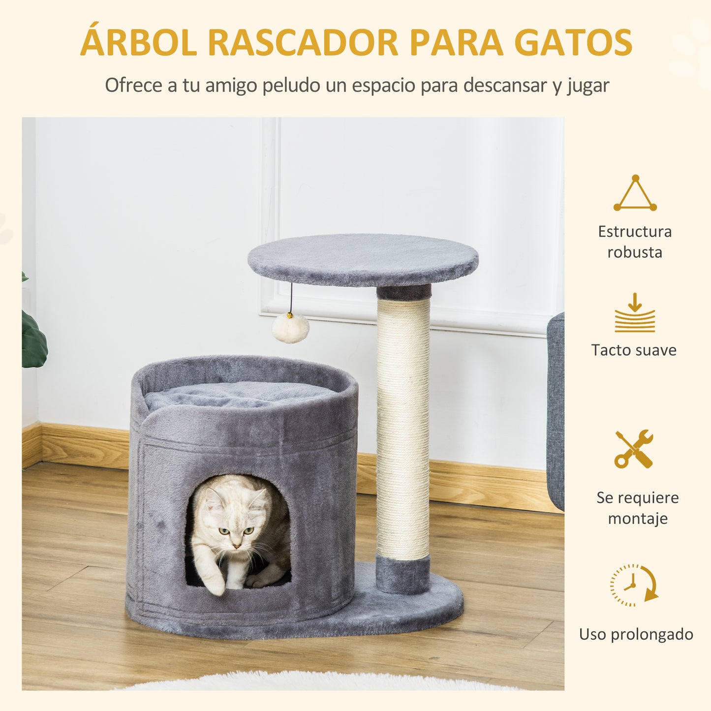 PawHut Árbol Rascador para Gatos Pequeño Altura 59 cm con Cueva de Felpa Suave con Cojín Lavable Plataforma Poste de Sisal Natural y Bola de Juguete 55x36x59 cm Gris