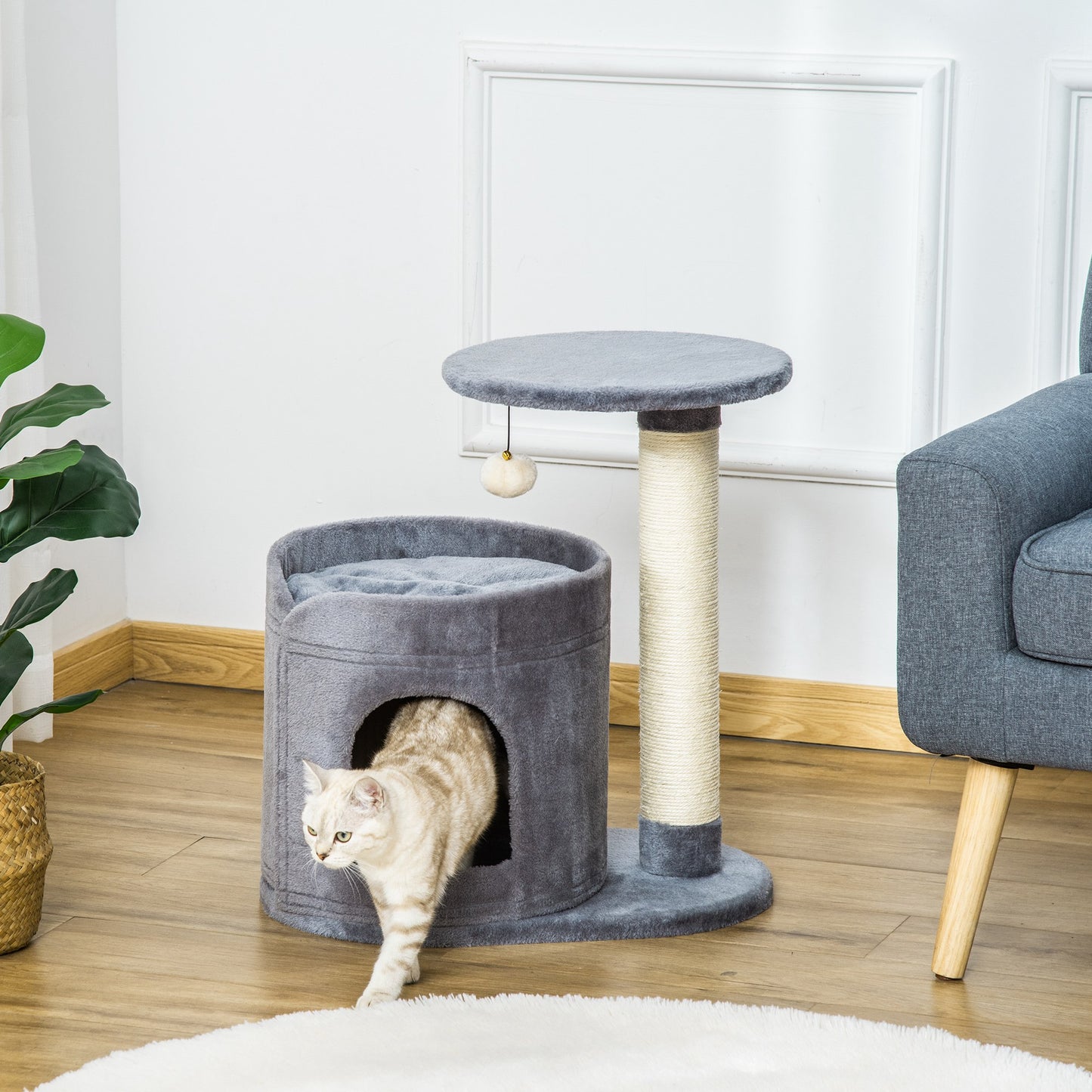 PawHut Árbol Rascador para Gatos Pequeño Altura 59 cm con Cueva de Felpa Suave con Cojín Lavable Plataforma Poste de Sisal Natural y Bola de Juguete 55x36x59 cm Gris