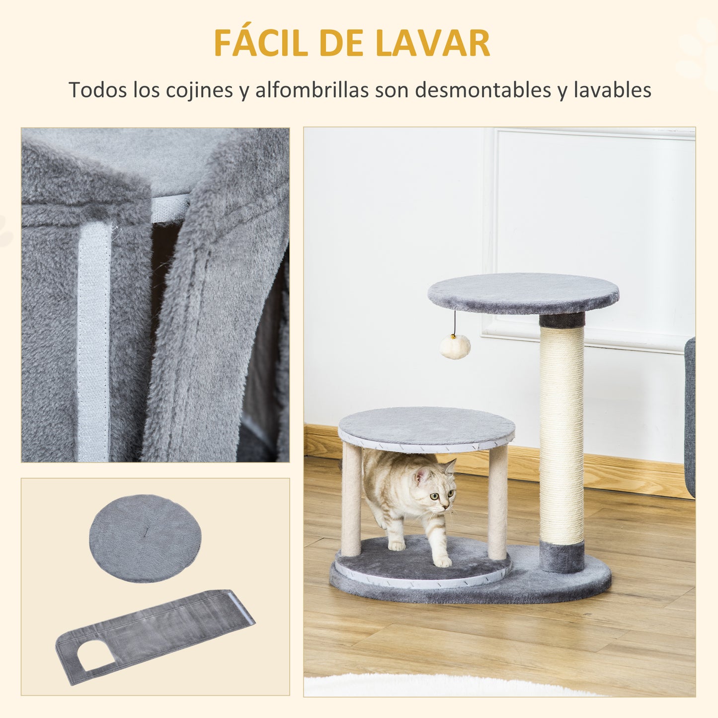 PawHut Árbol Rascador para Gatos Pequeño Altura 59 cm con Cueva de Felpa Suave con Cojín Lavable Plataforma Poste de Sisal Natural y Bola de Juguete 55x36x59 cm Gris