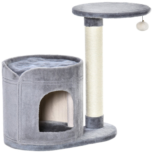 PawHut Árbol Rascador para Gatos Pequeño Altura 59 cm con Cueva de Felpa Suave con Cojín Lavable Plataforma Poste de Sisal Natural y Bola de Juguete 55x36x59 cm Gris