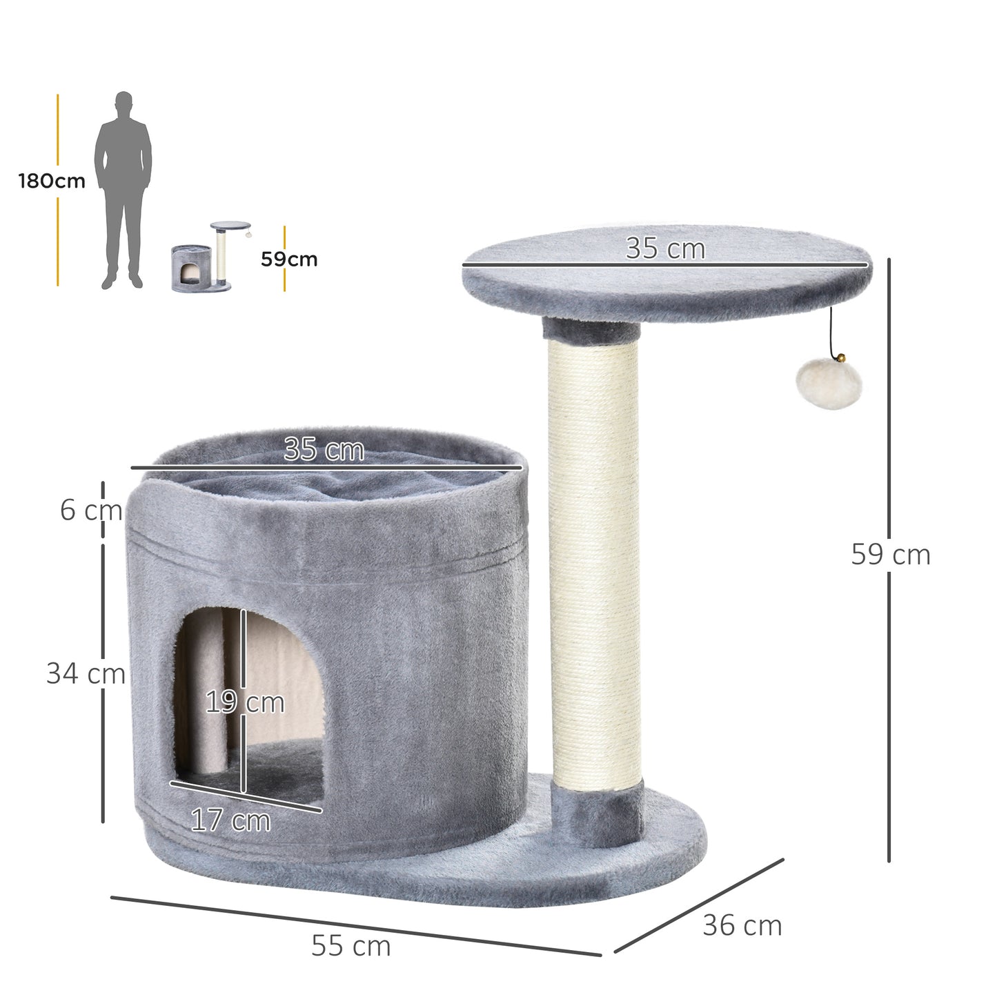 PawHut Árbol Rascador para Gatos Pequeño Altura 59 cm con Cueva de Felpa Suave con Cojín Lavable Plataforma Poste de Sisal Natural y Bola de Juguete 55x36x59 cm Gris