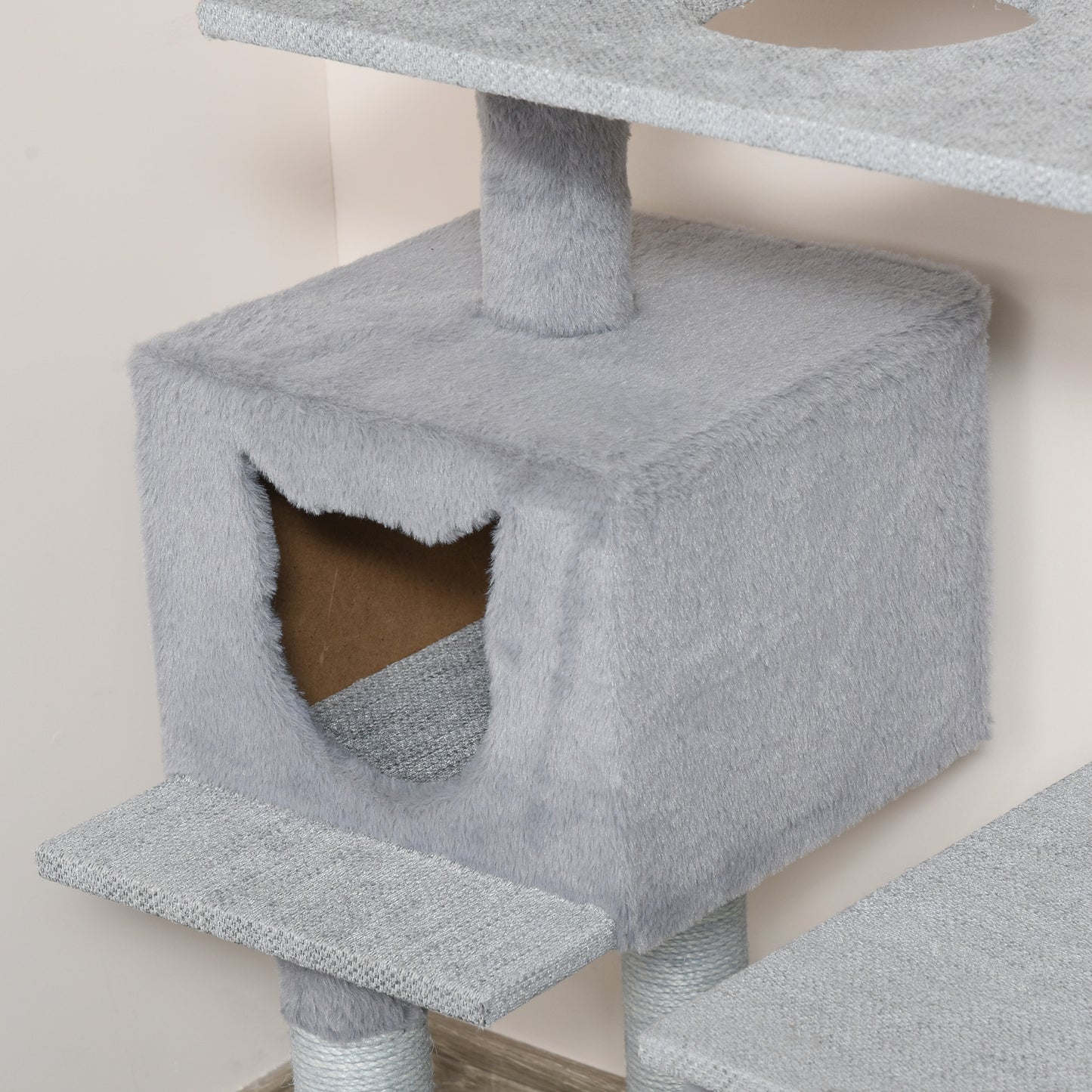 PawHut Árbol Rascador para Gatos Grande Altura 124 cm Torre de Escalada con Plataformas Escalera Cueva Postes de Yute y Bola Colgante Juego y Descanso 60,5x40x124 cm Gris