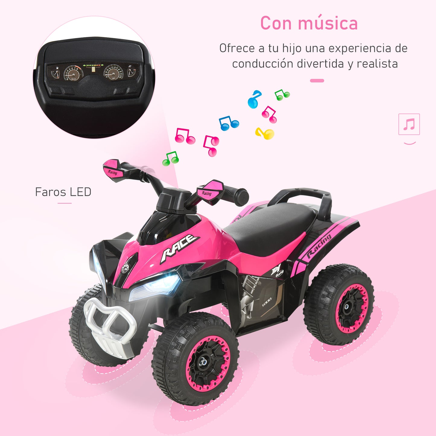 HOMCOM Quad Moto Correpasillo para Niños de 18-36 Meses con Función de Luces y Música Diseño Novedoso Soporta hasta 20 kg 67,5x38x44 cm Rosa