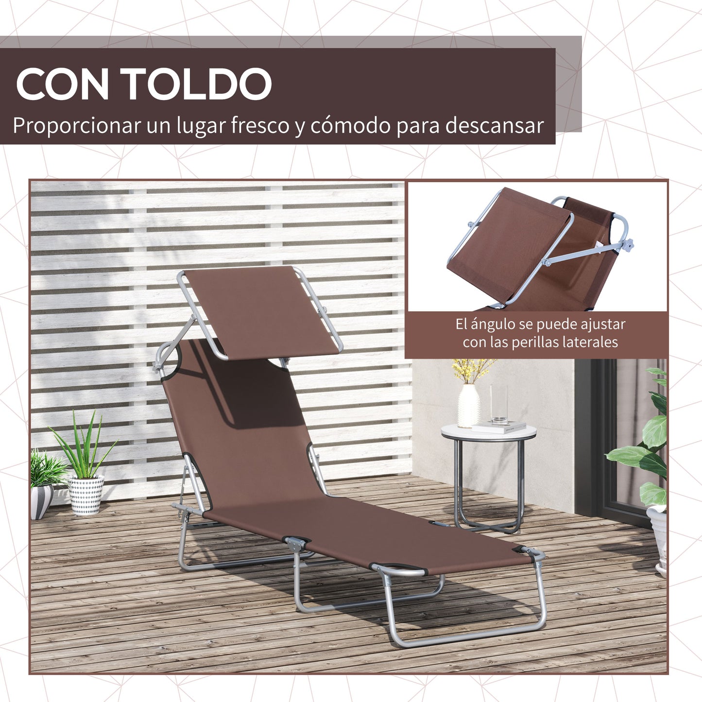 Outsunny Tumbona de Jardín Plegable Silla Tumbona con Toldo Desmontable y Regulable Respaldo Reclinable para Terraza Acampada al Aire Libre 187x58x36 cm Marrón