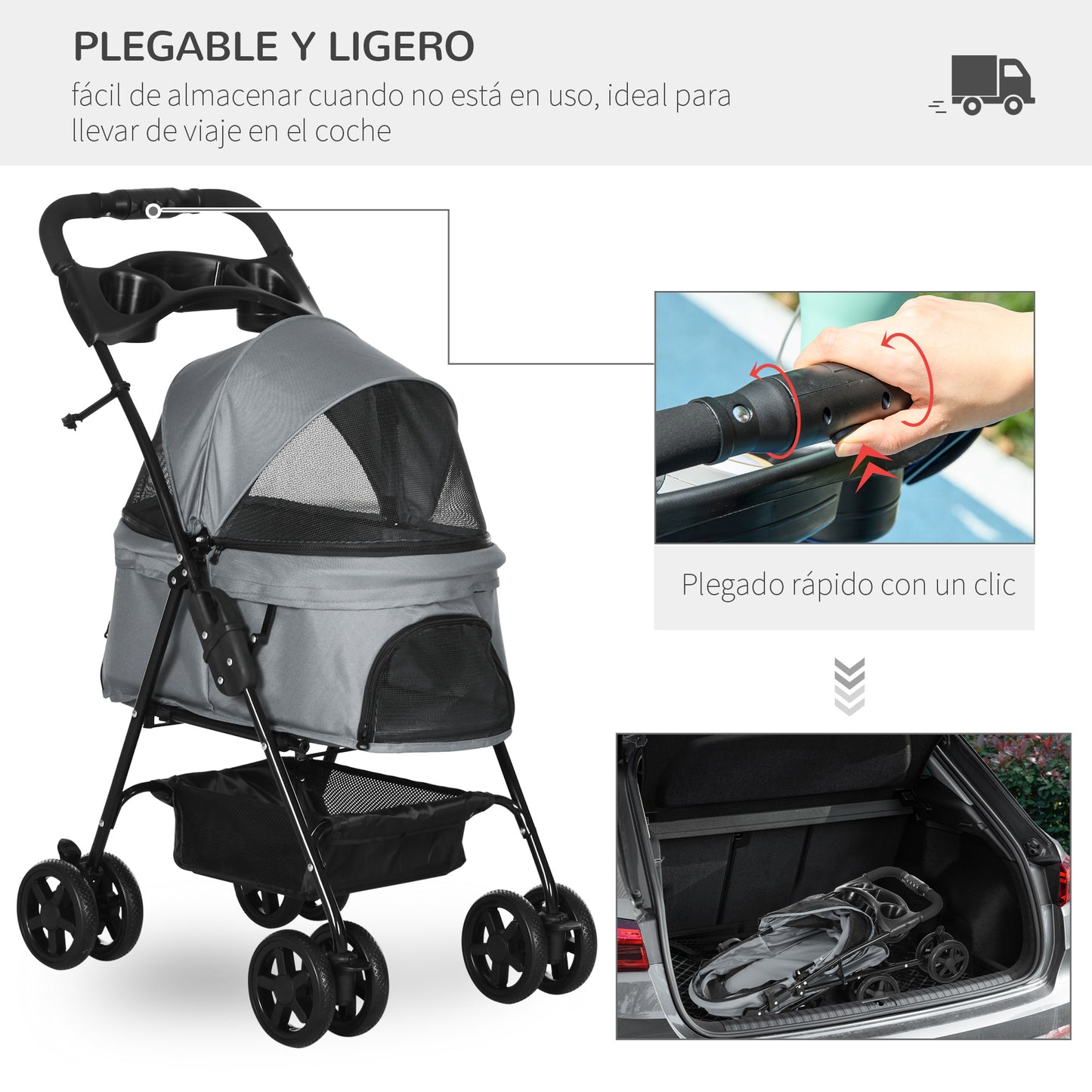 PawHut Cochecito para Perros Plegable Carrito para Perros Pequeños con Ruedas Universales Cesta de Almacenaje Correas de Seguridad y Ventanas 67x45x96 cm Gris