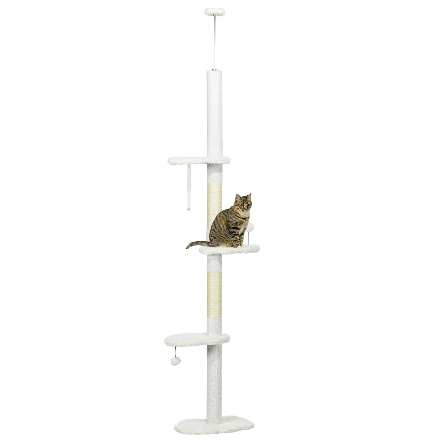 PawHut Árbol para Gatos de Suelo a Techo de 225-255 cm Torre para Gatos de Suelo a Techo Ajustable en Altura con 3 Plataforma de Forma de Nube Postes Rascadores y 2 Bolas 48x32x225-255 cm Blanco