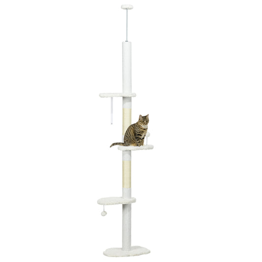 PawHut Árbol para Gatos de Suelo a Techo de 225-255 cm Torre para Gatos de Suelo a Techo Ajustable en Altura con 3 Plataforma de Forma de Nube Postes Rascadores y 2 Bolas 48x32x225-255 cm Blanco