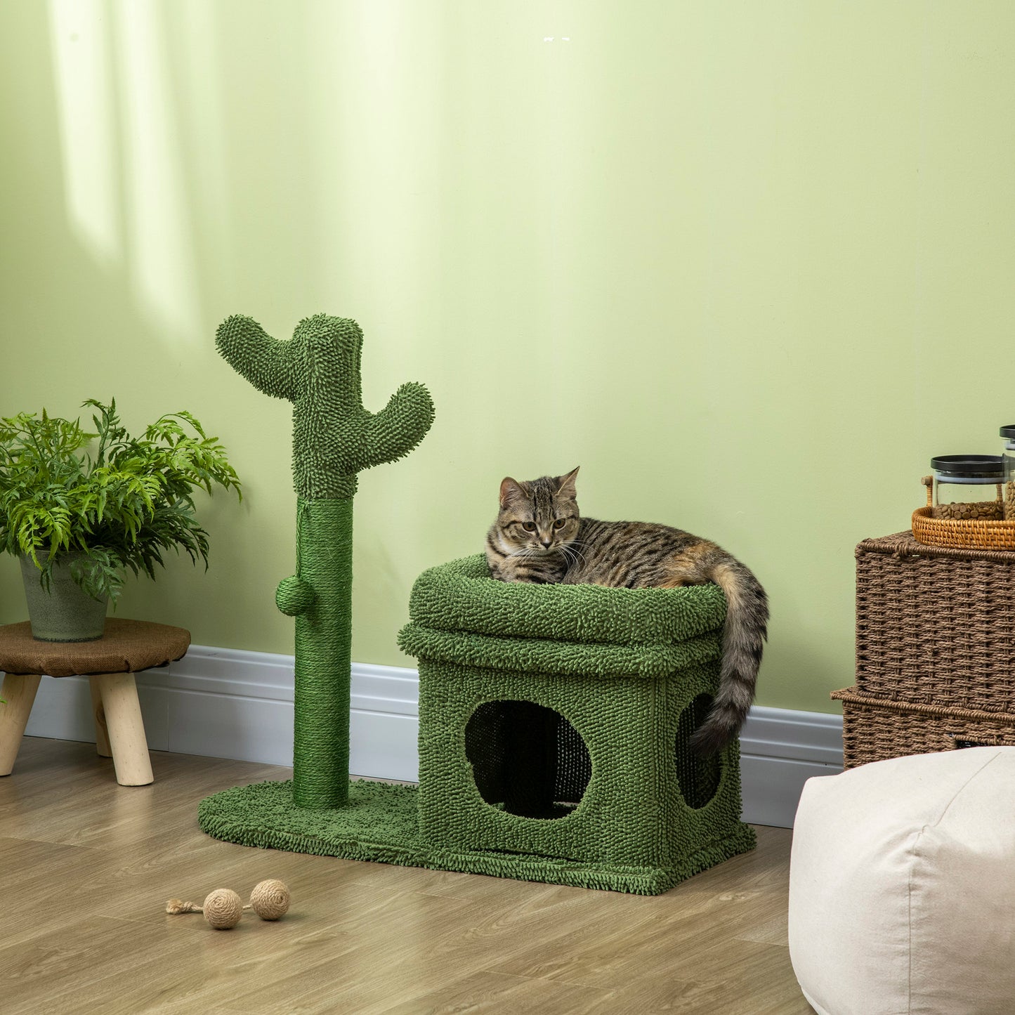 PawHut Árbol Rascador para Gatos Diseño de Cactus Altura 67 cm Torre para Gatos con Cama Caseta de Felpa Poste de Sisal y Bola Colgante 68x30x67 cm Verde