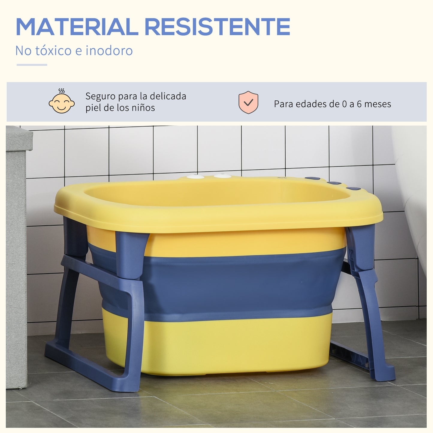 HOMCOM Bañera Plegable para Bebé de 0-3 Años Capacidad 105L Bañera Portátil para Niños con Patas Antideslizantes y Orificio de Drenaje Carga 50 kg 75,3x55,4x43 cm Amarillo y Azul