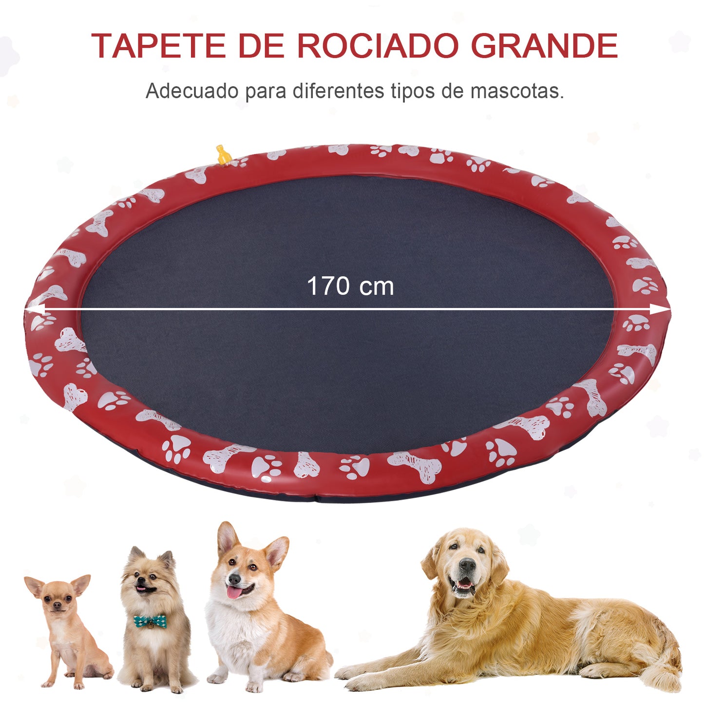 PawHut Splash Pad para Mascotas Tapete de Juegos de Agua Redondo Ø170 cm Almohadilla de Aspersor con Bonito Estampado y Superficie Antideslizante para Perros y Niños Rojo y Azul