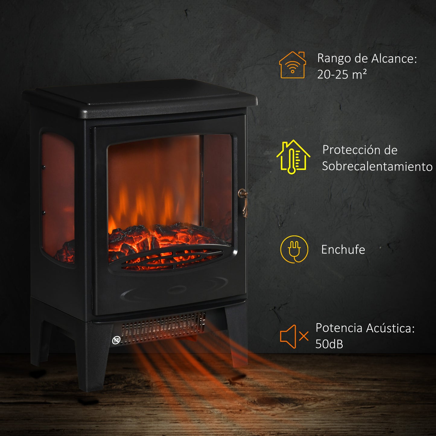 HOMCOM Chimenea Eléctrica 900W/1800W Chimenea Decorativa con Ventanas Efecto de Llama Temperatura Ajustable y Protección Sobrecalentamiento para 20-25 ㎡ 39x26x54,8 cm Negro