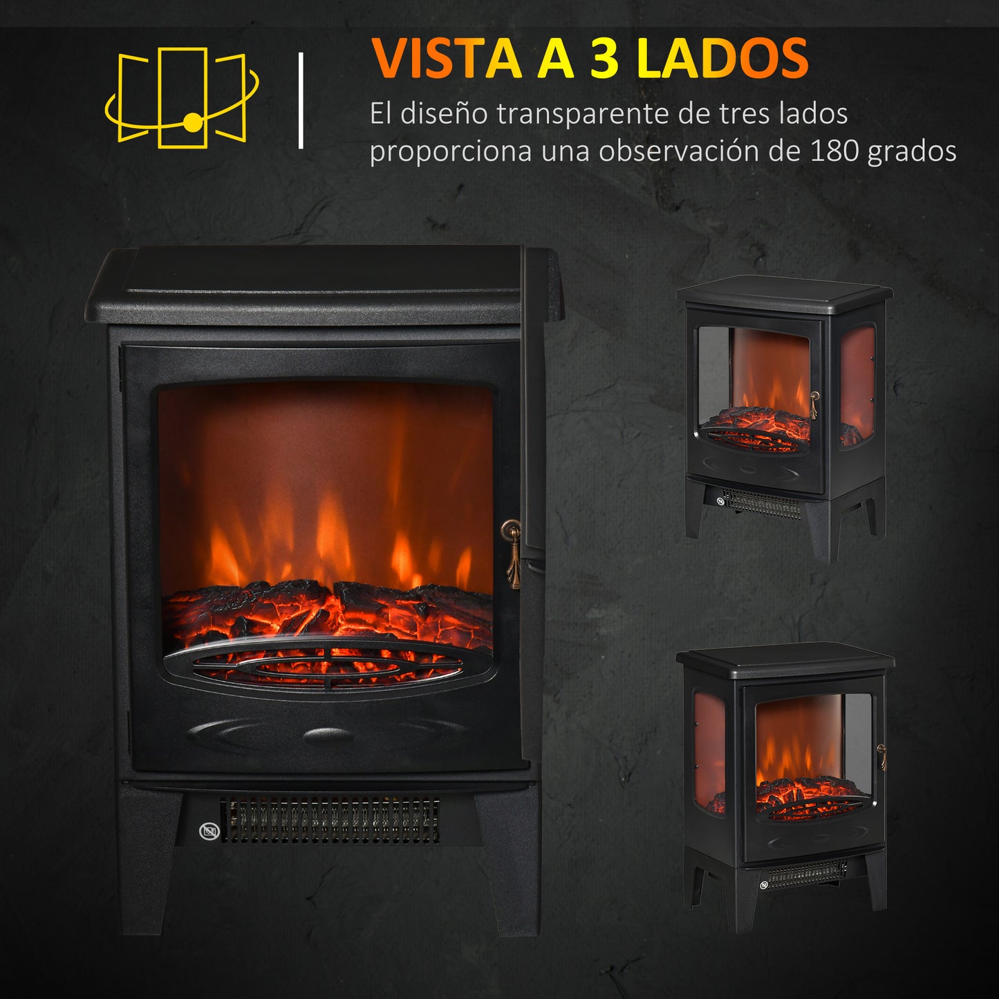 HOMCOM Chimenea Eléctrica 900W/1800W Chimenea Decorativa con Ventanas Efecto de Llama Temperatura Ajustable y Protección Sobrecalentamiento para 20-25 ㎡ 39x26x54,8 cm Negro