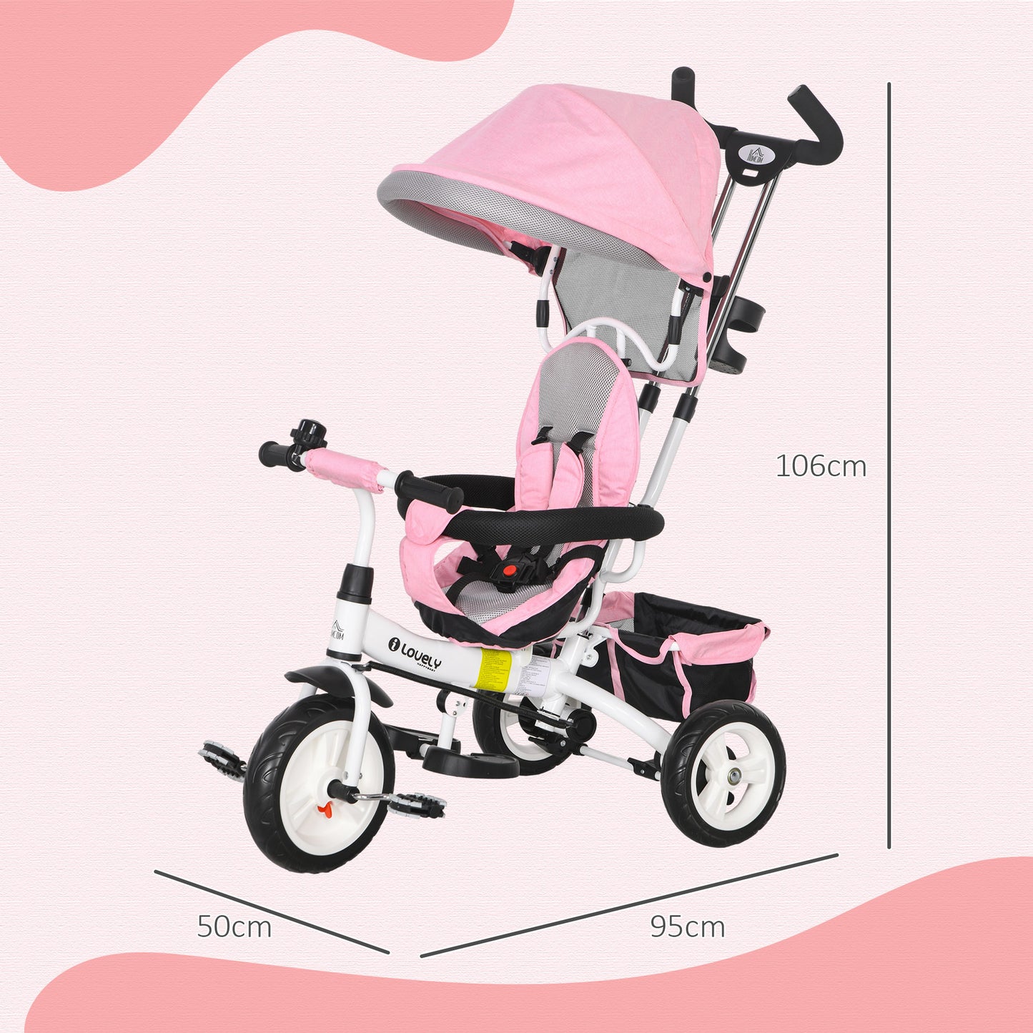 HOMCOM Triciclo para Bebés Triciclo Evolutivo para Niños con Toldo Plegable Mango de Empuje Telescópico y Desmontable Cinturón de Seguridad y Cesto 95x50x106 cm Rosa