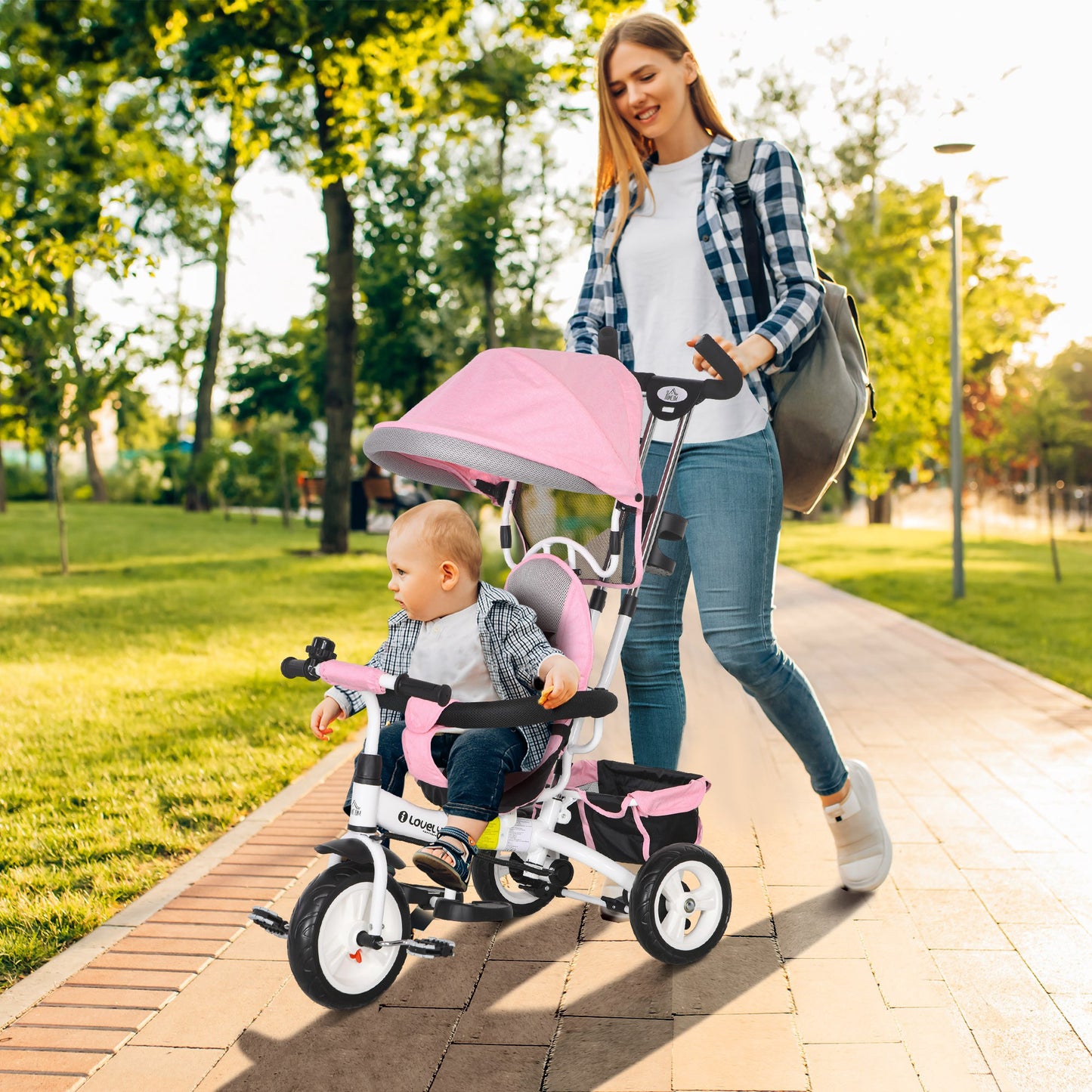 HOMCOM Triciclo para Bebés Triciclo Evolutivo para Niños con Toldo Plegable Mango de Empuje Telescópico y Desmontable Cinturón de Seguridad y Cesto 95x50x106 cm Rosa