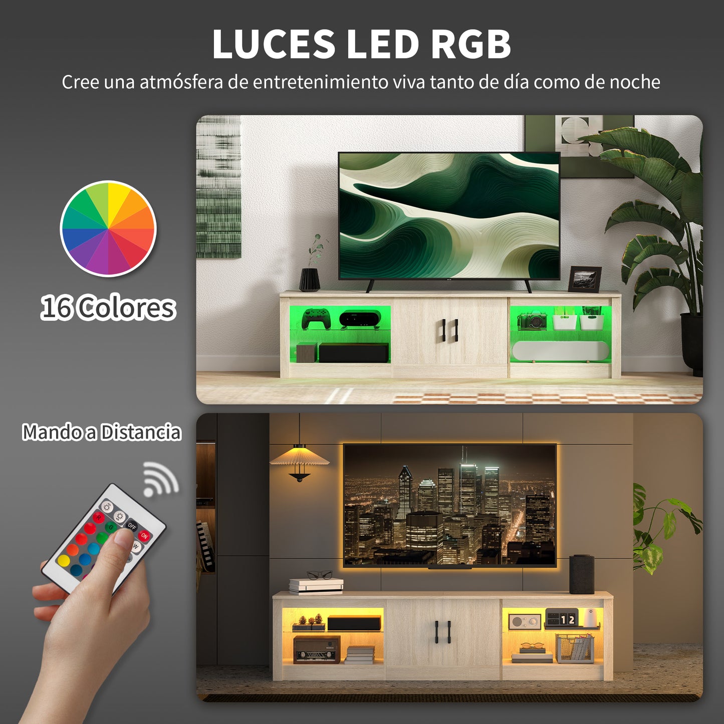 HOMCOM Mueble de TV Moderno Mueble de TV para Salón con Luces LED RGB Puertas con Cierre Lento y Estantes de Vidrio Abiertos Mueble para Televisión de 75 Pulgadas 180x35x45 cm Roble