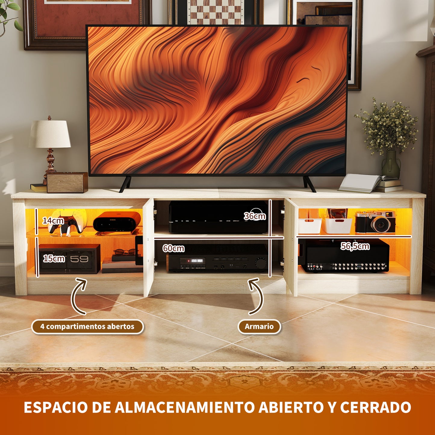 HOMCOM Mueble de TV Moderno Mueble de TV para Salón con Luces LED RGB Puertas con Cierre Lento y Estantes de Vidrio Abiertos Mueble para Televisión de 75 Pulgadas 180x35x45 cm Roble