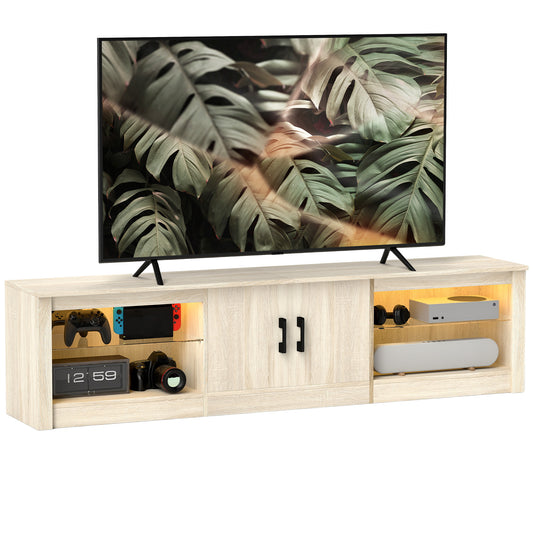 HOMCOM Mueble de TV Moderno Mueble de TV para Salón con Luces LED RGB Puertas con Cierre Lento y Estantes de Vidrio Abiertos Mueble para Televisión de 75 Pulgadas 180x35x45 cm Roble