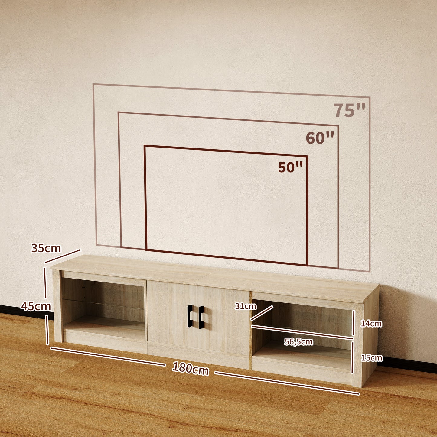 HOMCOM Mueble de TV Moderno Mueble de TV para Salón con Luces LED RGB Puertas con Cierre Lento y Estantes de Vidrio Abiertos Mueble para Televisión de 75 Pulgadas 180x35x45 cm Roble