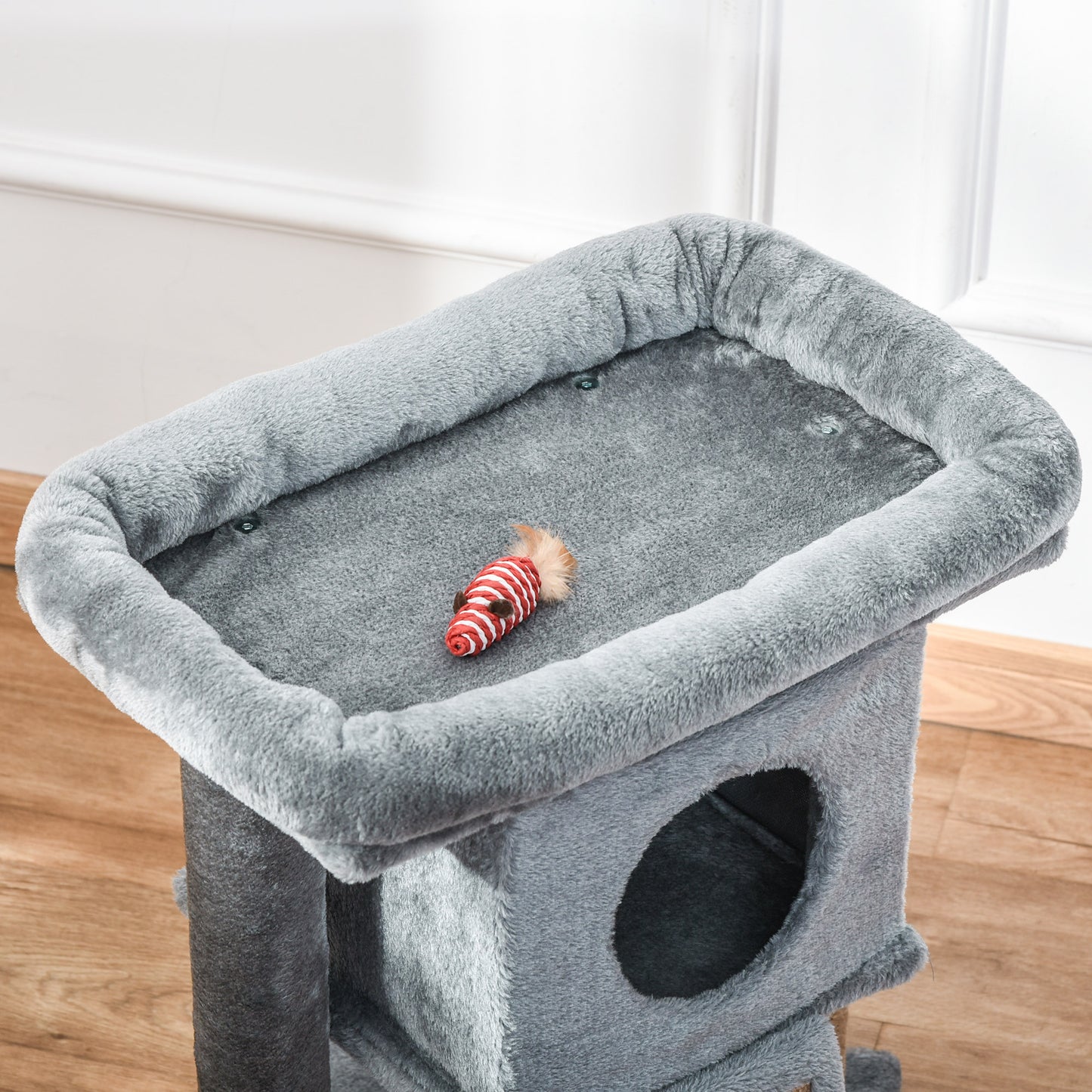 PawHut Árbol Rascador para Gatos Pequeños de 57 cm Torre para Gatos con Poste de Yute Rampa para Rascar Cama y Bola Colgante 40x40x57 cm Gris Claro