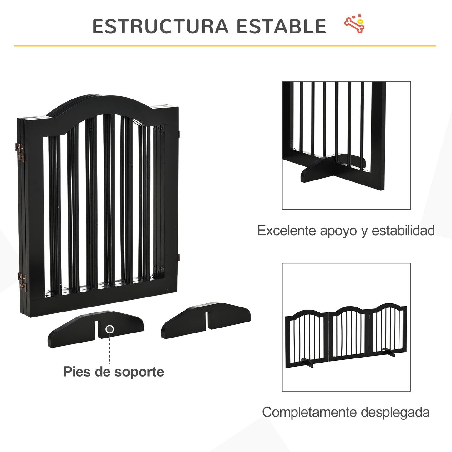 PawHut Barrera de Seguridad para Perros Pequeños Plegable Barrera para Perros en Casa de 3 Paneles con Patas Anchos para Escaleras Pasillos 154,5x29,5x61 cm Negro