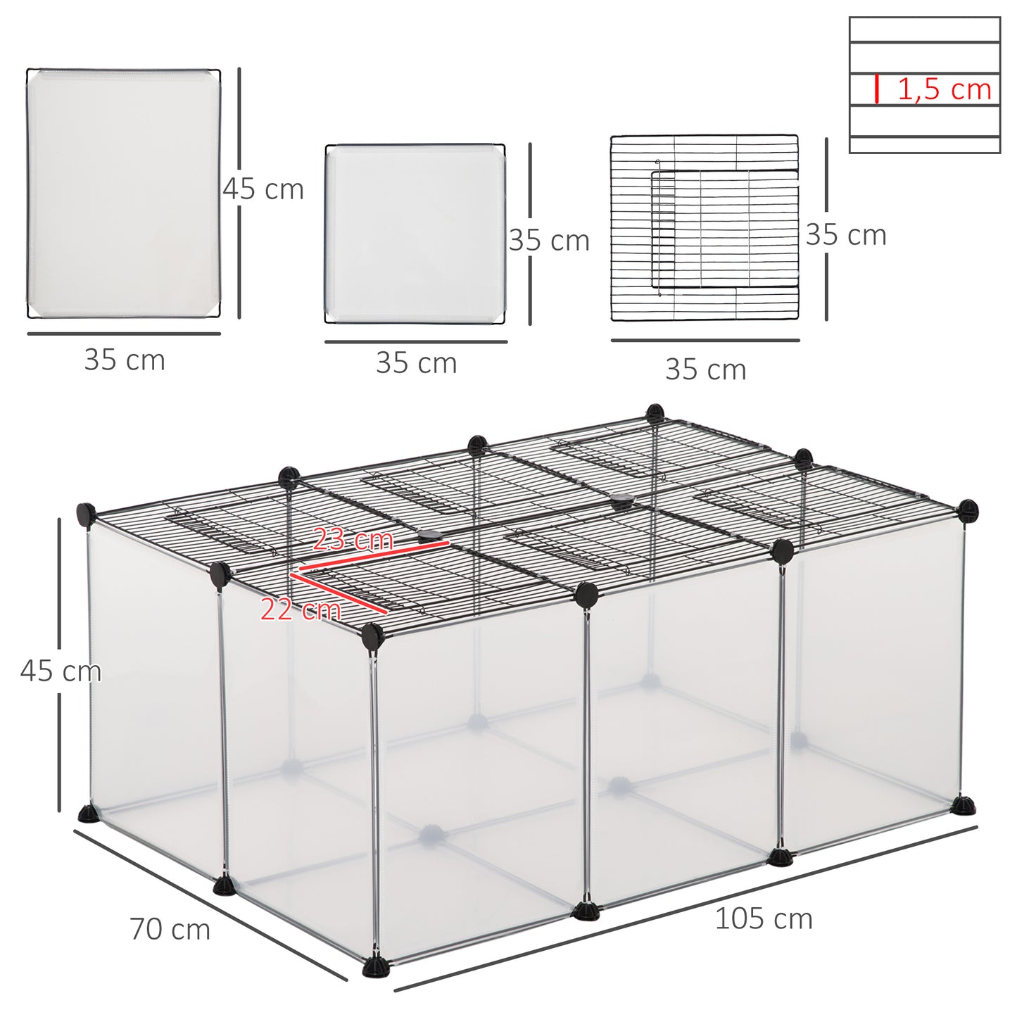 PawHut Valla para Animales Pequeños con 16 Paneles de Resina y 6 Paneles de Alambre con Puertas DIY Parque para Cobayas Conejos 105x70x45 cm Translúcido y Negro