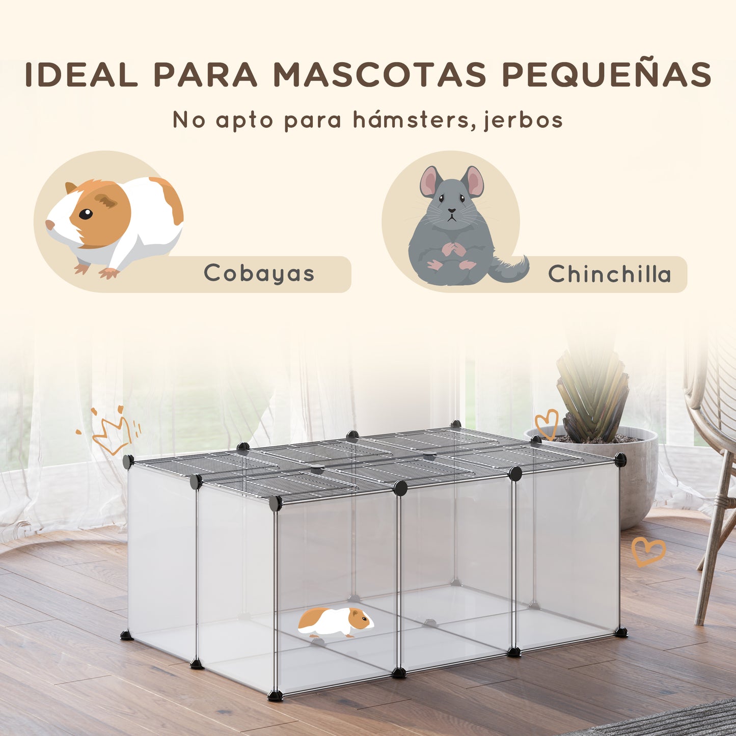 PawHut Valla para Animales Pequeños con 16 Paneles de Resina y 6 Paneles de Alambre con Puertas DIY Parque para Cobayas Conejos 105x70x45 cm Translúcido y Negro