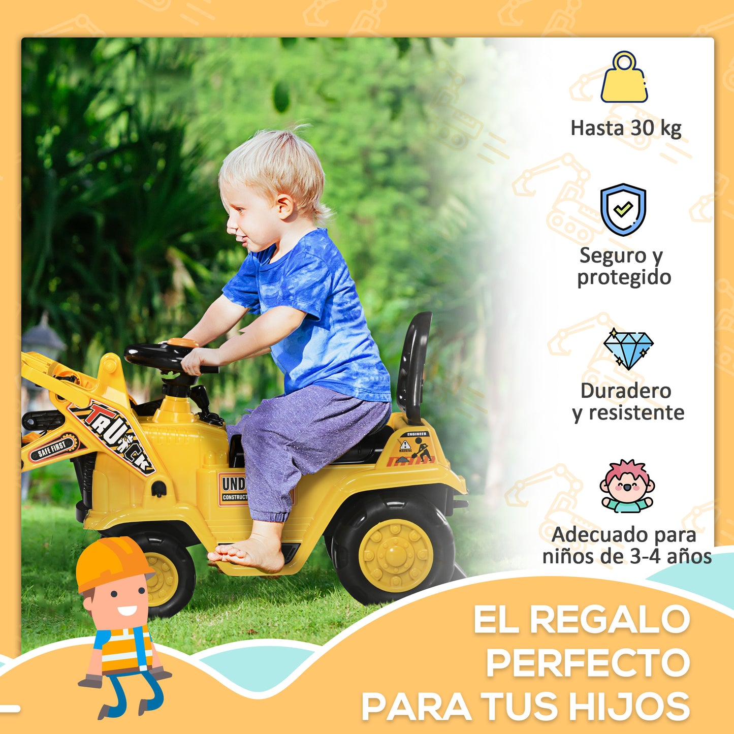 HOMCOM Tractor sin Pedales para Niños de +3 Años Excavadora Correpasillos Tractor Correpasillos con Pala Móvil Asiento de Almacenamiento y Bocina Carga 30 kg 83x27x39 cm Amarillo