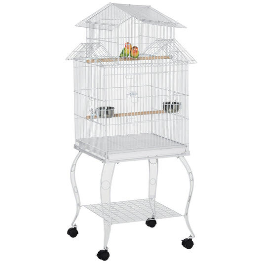 PawHut Jaula para Pájaros con Ruedas Jaula Grande con Soporte 50x49x137 cm con Bandeja Extraíble Puertas Comederos Perchas y Estante Inferior para Canarios Periquitos Blanco