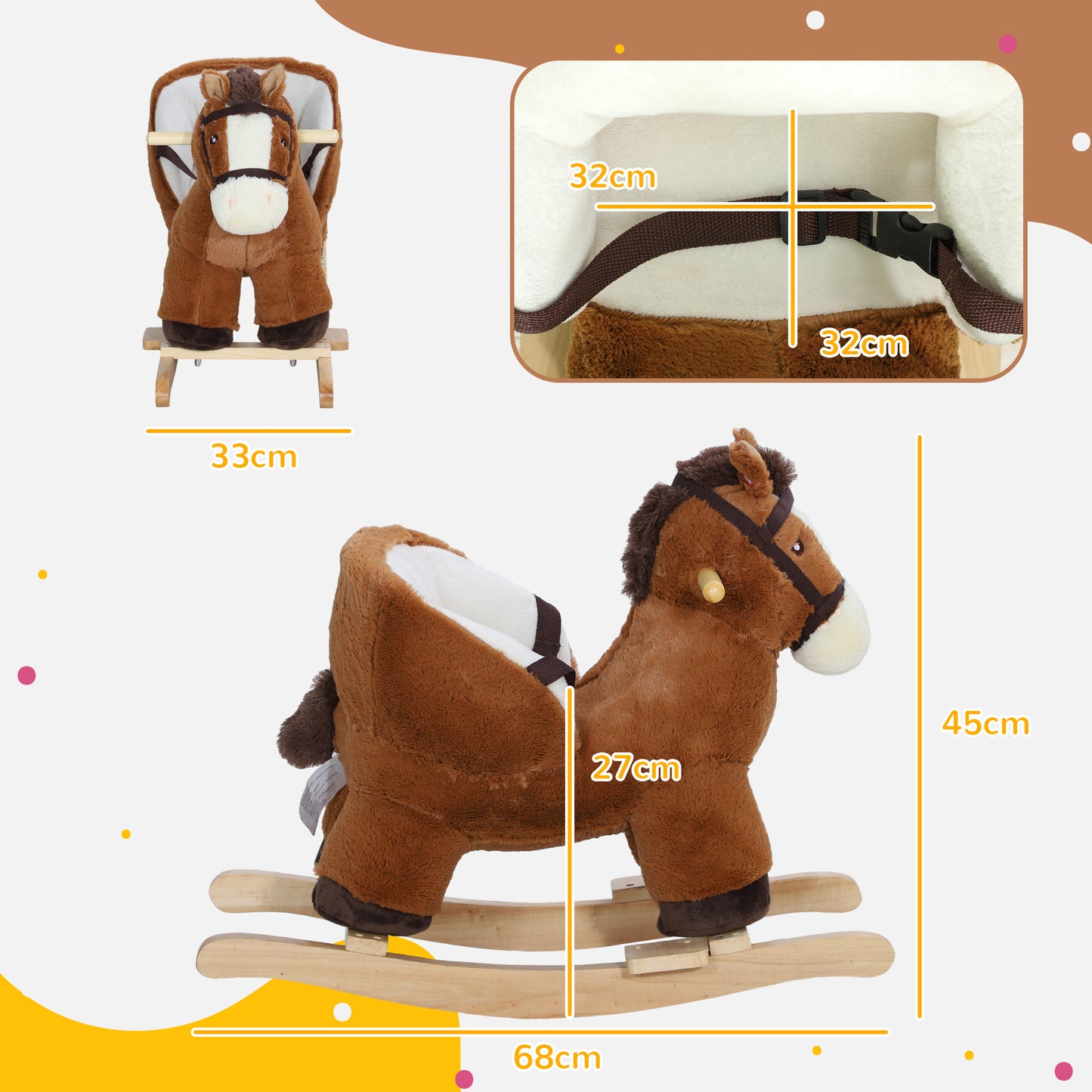 AIYAPLAY Caballo Balancín para Niños de 18-36 Mesas Caballo de Juguete con Sonido Asas Cinturón de Seguridad y Base de Madera Carga 25 kg 68x33x45 cm Marrón