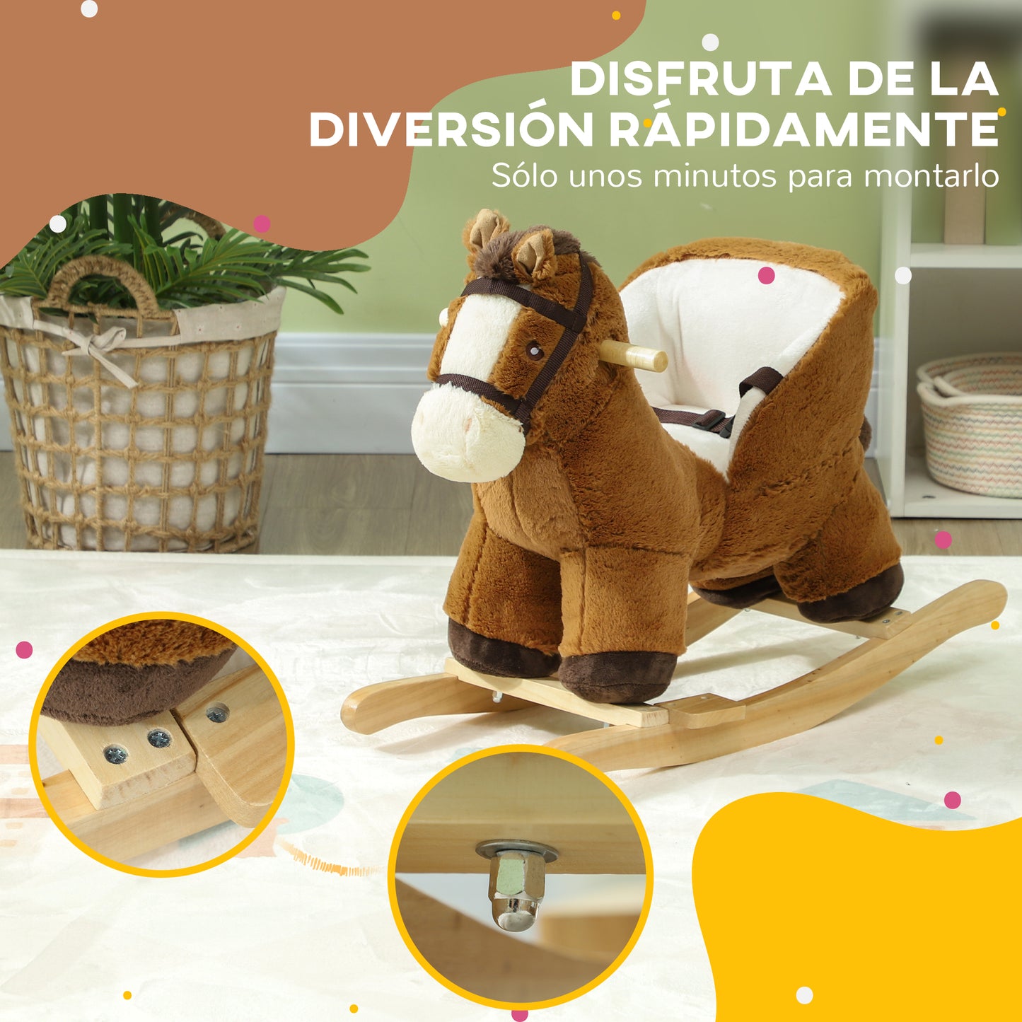 AIYAPLAY Caballo Balancín para Niños de 18-36 Mesas Caballo de Juguete con Sonido Asas Cinturón de Seguridad y Base de Madera Carga 25 kg 68x33x45 cm Marrón