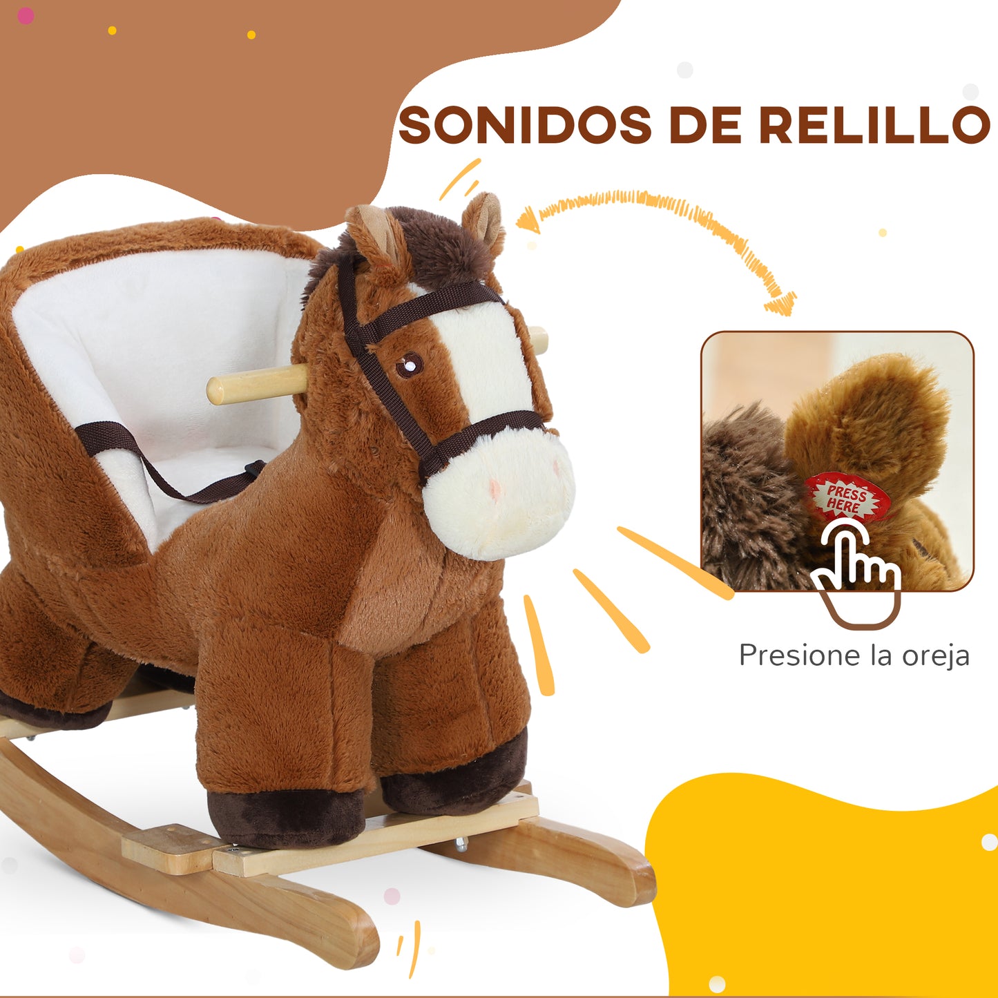 AIYAPLAY Caballo Balancín para Niños de 18-36 Mesas Caballo de Juguete con Sonido Asas Cinturón de Seguridad y Base de Madera Carga 25 kg 68x33x45 cm Marrón