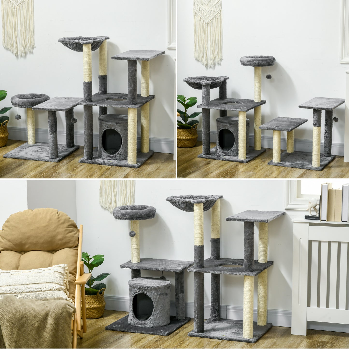 PawHut Árbol Rascador para Gatos de 144 cm Torre para Gatos con 4 Formas Postes para Rascar Cama Cueva Plataformas Hamaca y Bolas Colgantes 49x49x144 cm Gris