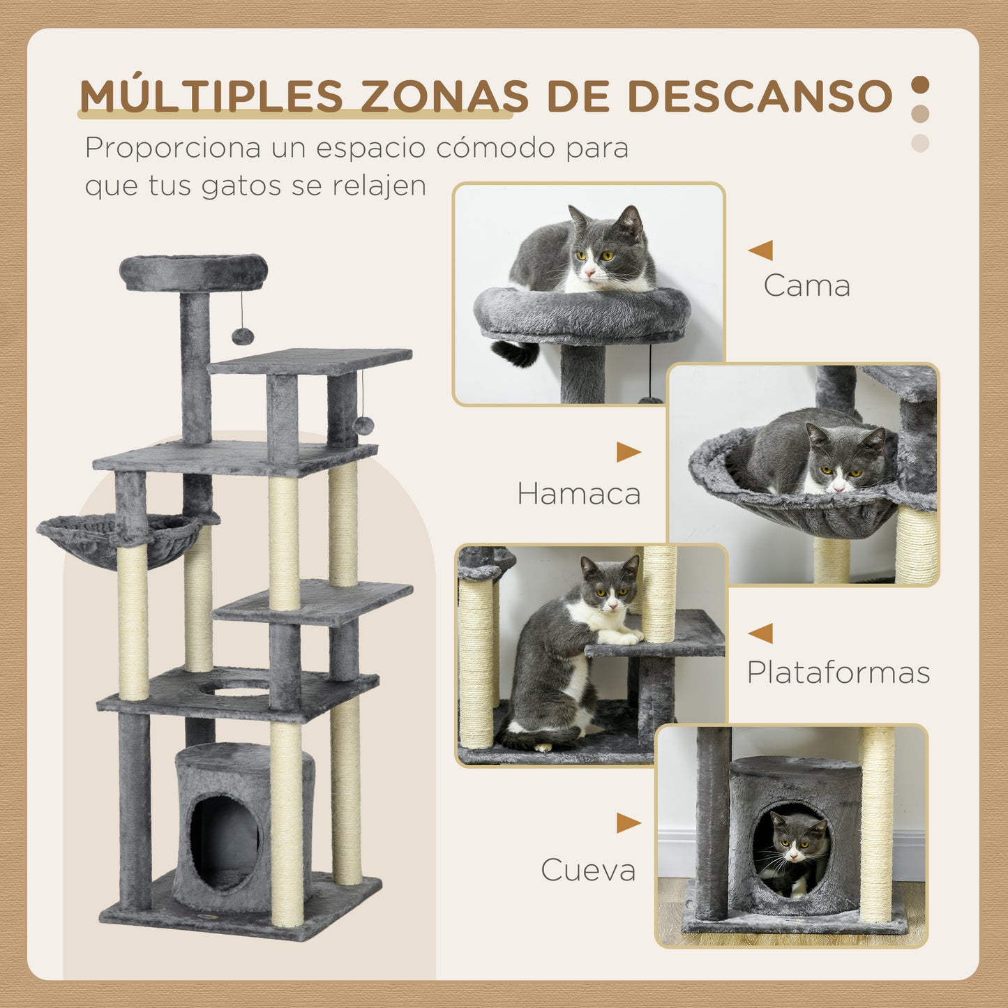 PawHut Árbol Rascador para Gatos de 144 cm Torre para Gatos con 4 Formas Postes para Rascar Cama Cueva Plataformas Hamaca y Bolas Colgantes 49x49x144 cm Gris