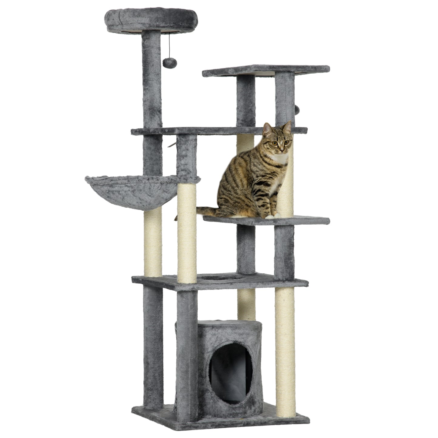 PawHut Árbol Rascador para Gatos de 144 cm Torre para Gatos con 4 Formas Postes para Rascar Cama Cueva Plataformas Hamaca y Bolas Colgantes 49x49x144 cm Gris