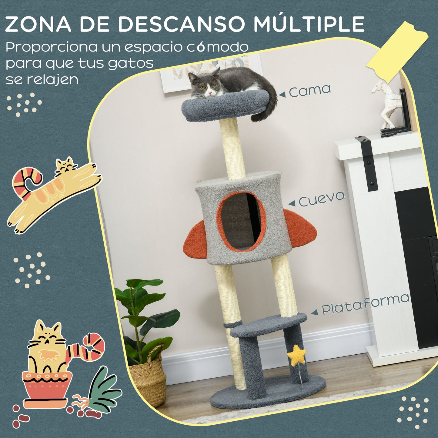 PawHut Árbol Rascador para Gatos de 116 cm Tipo de Cohete Torre para Gatos Interior con Postes para Rascar Cama Cueva y Juguete Estrella Ø44x116 cm Azul