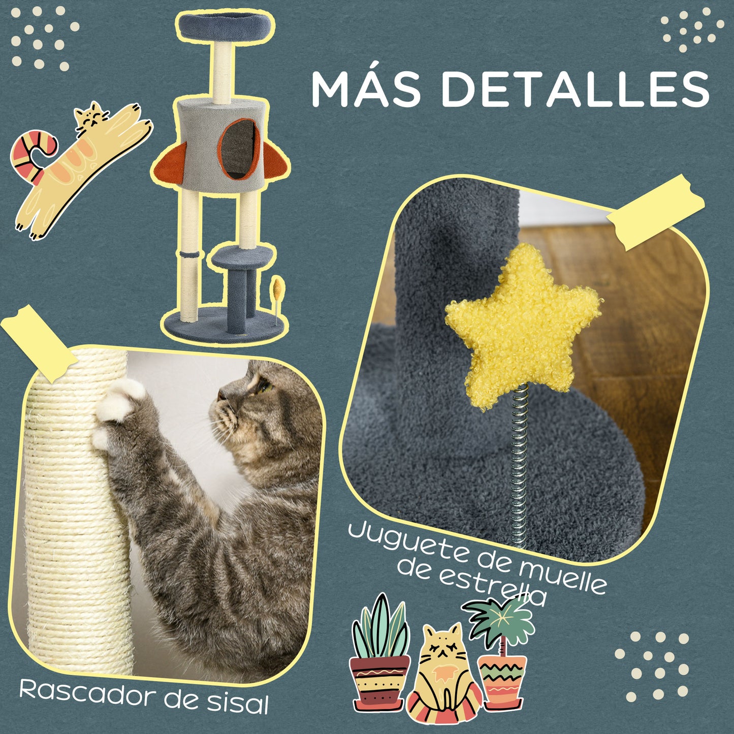 PawHut Árbol Rascador para Gatos de 116 cm Tipo de Cohete Torre para Gatos Interior con Postes para Rascar Cama Cueva y Juguete Estrella Ø44x116 cm Azul