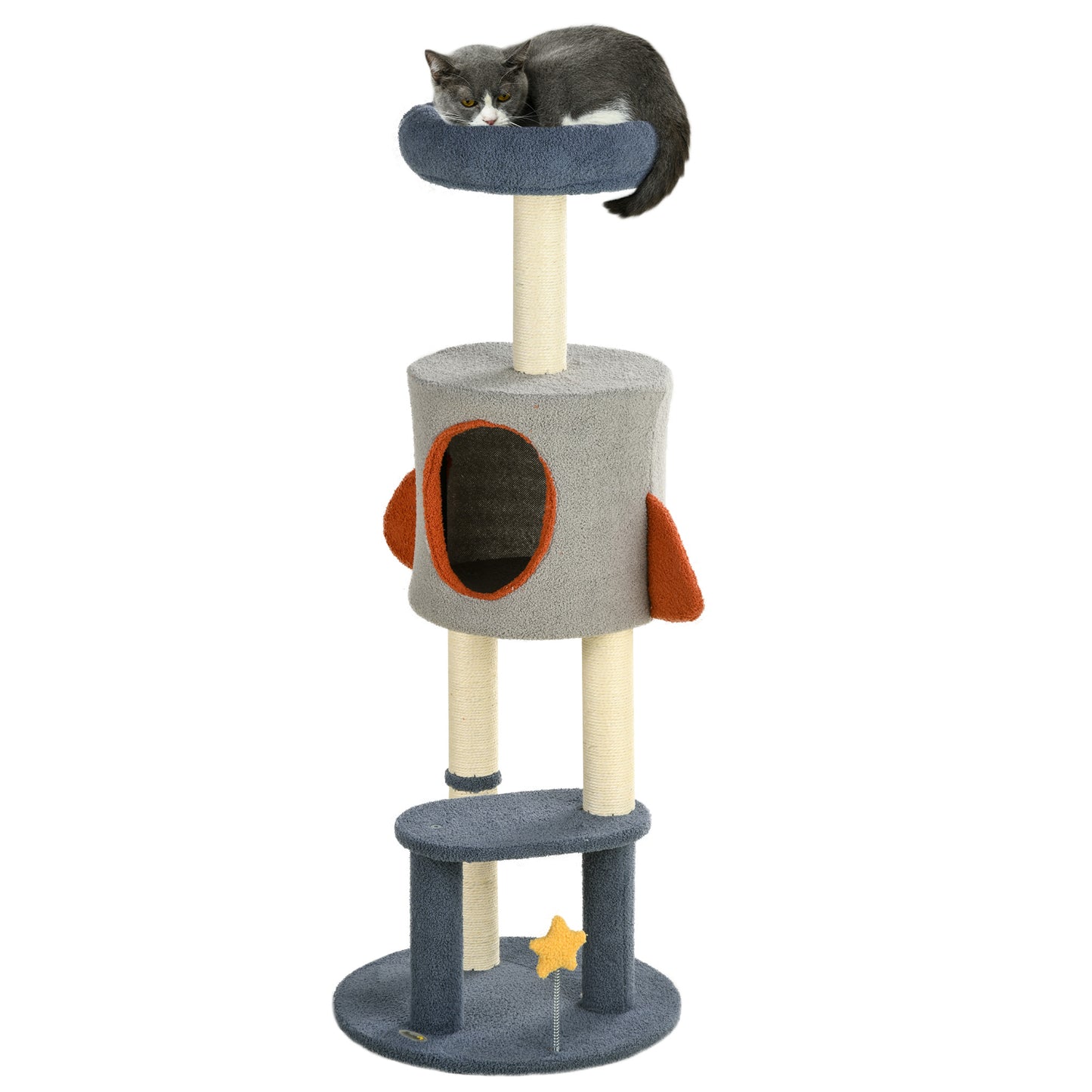 PawHut Árbol Rascador para Gatos de 116 cm Tipo de Cohete Torre para Gatos Interior con Postes para Rascar Cama Cueva y Juguete Estrella Ø44x116 cm Azul