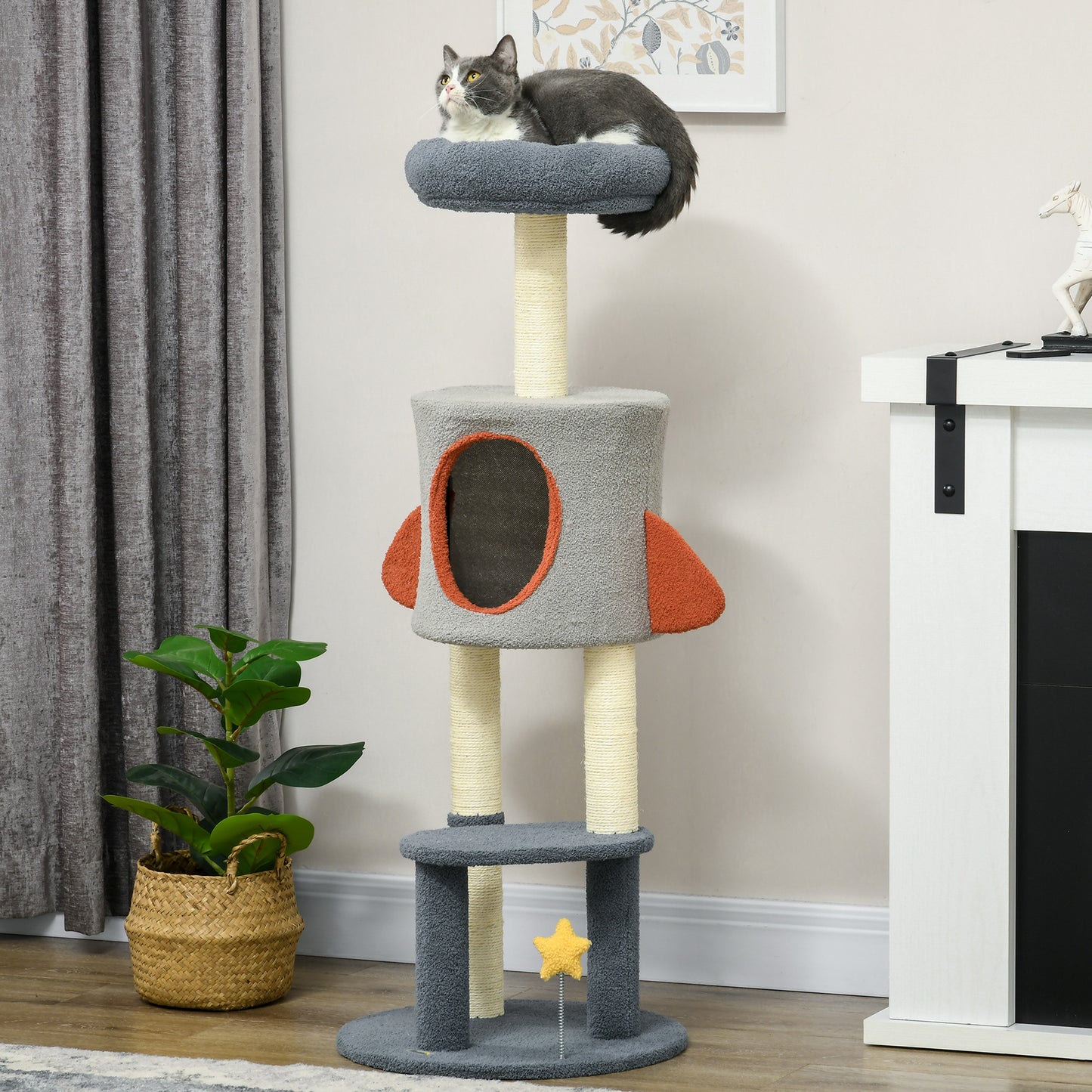 PawHut Árbol Rascador para Gatos de 116 cm Tipo de Cohete Torre para Gatos Interior con Postes para Rascar Cama Cueva y Juguete Estrella Ø44x116 cm Azul