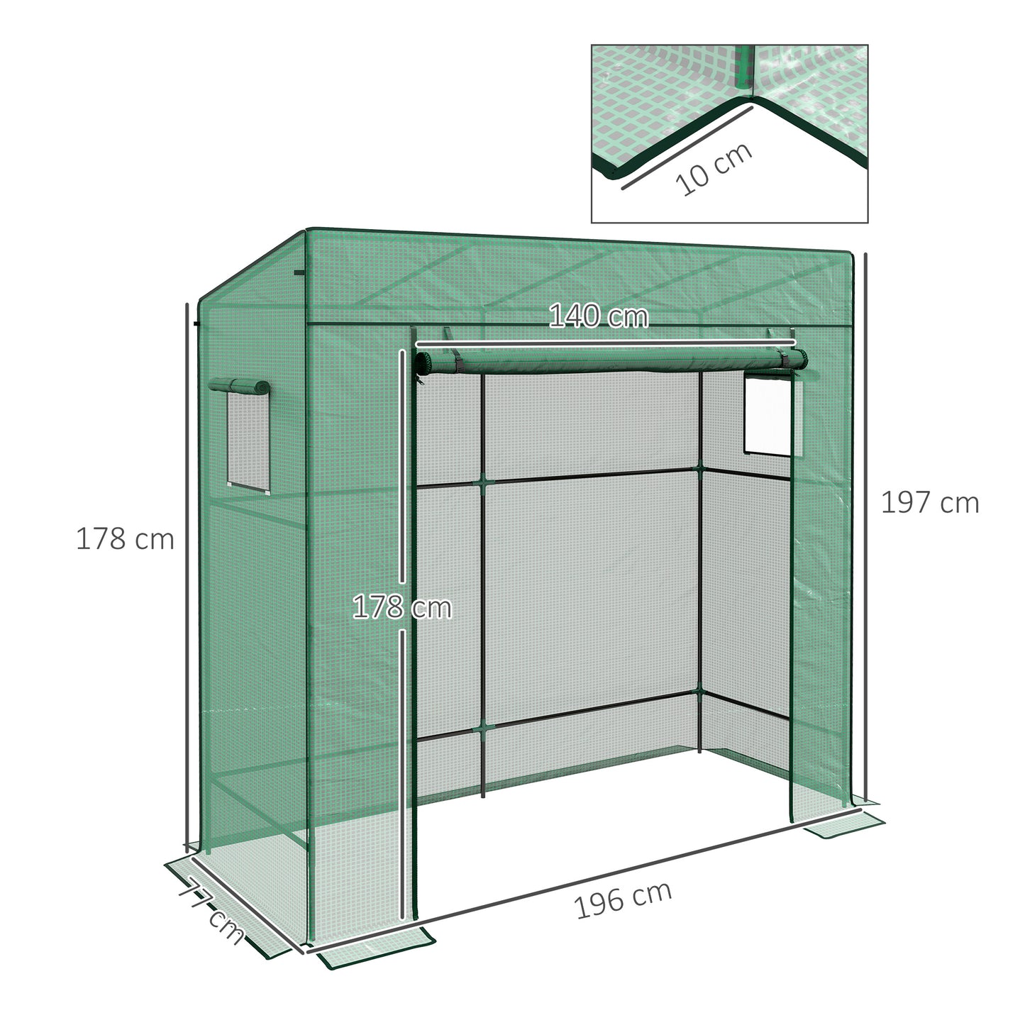 Outsunny Invernadero Pequeño Invernadero de Exterior con Ventanas de Malla y Puerta con Cremallera Invernadero para Cultivar Tomates Plantas Flores 196x77x197 cm Verde