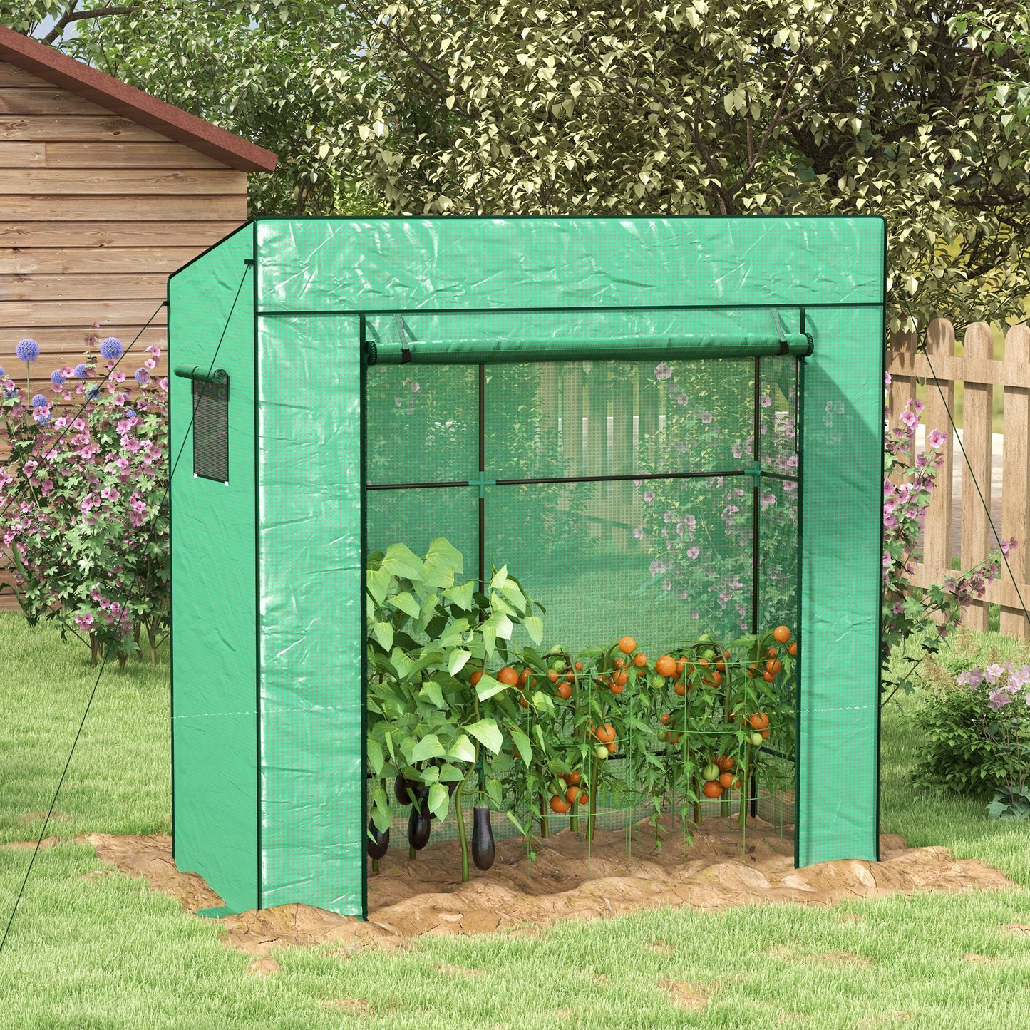 Outsunny Invernadero Pequeño Invernadero de Exterior con Ventanas de Malla y Puerta con Cremallera Invernadero para Cultivar Tomates Plantas Flores 196x77x197 cm Verde