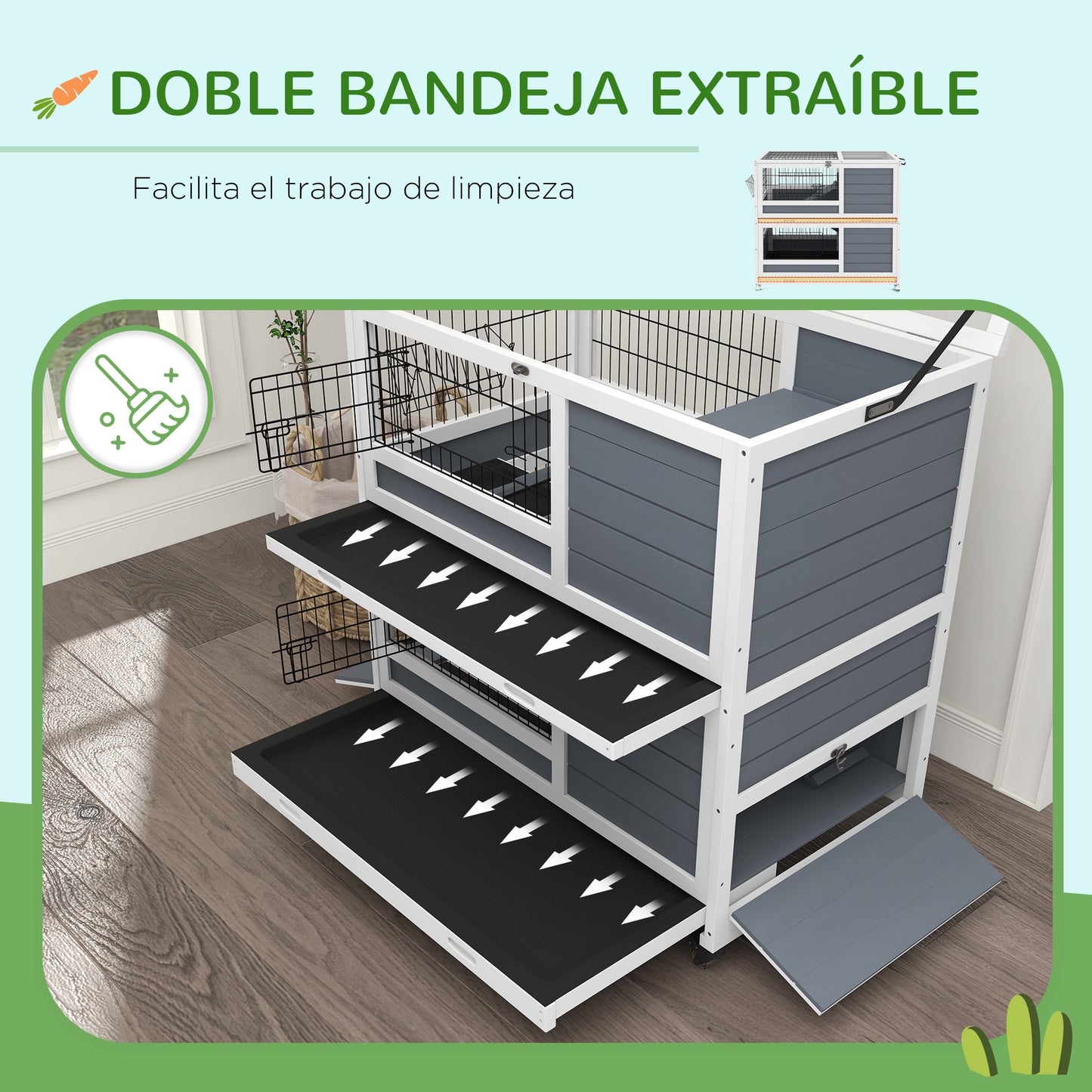 PawHut Conejera de Madera con Ruedas 90x53x97 cm Jaula para Conejos de 2 Niveles con Techo Abatible Bandeja Extraíble Comedero y Rampa Gris y Blanco